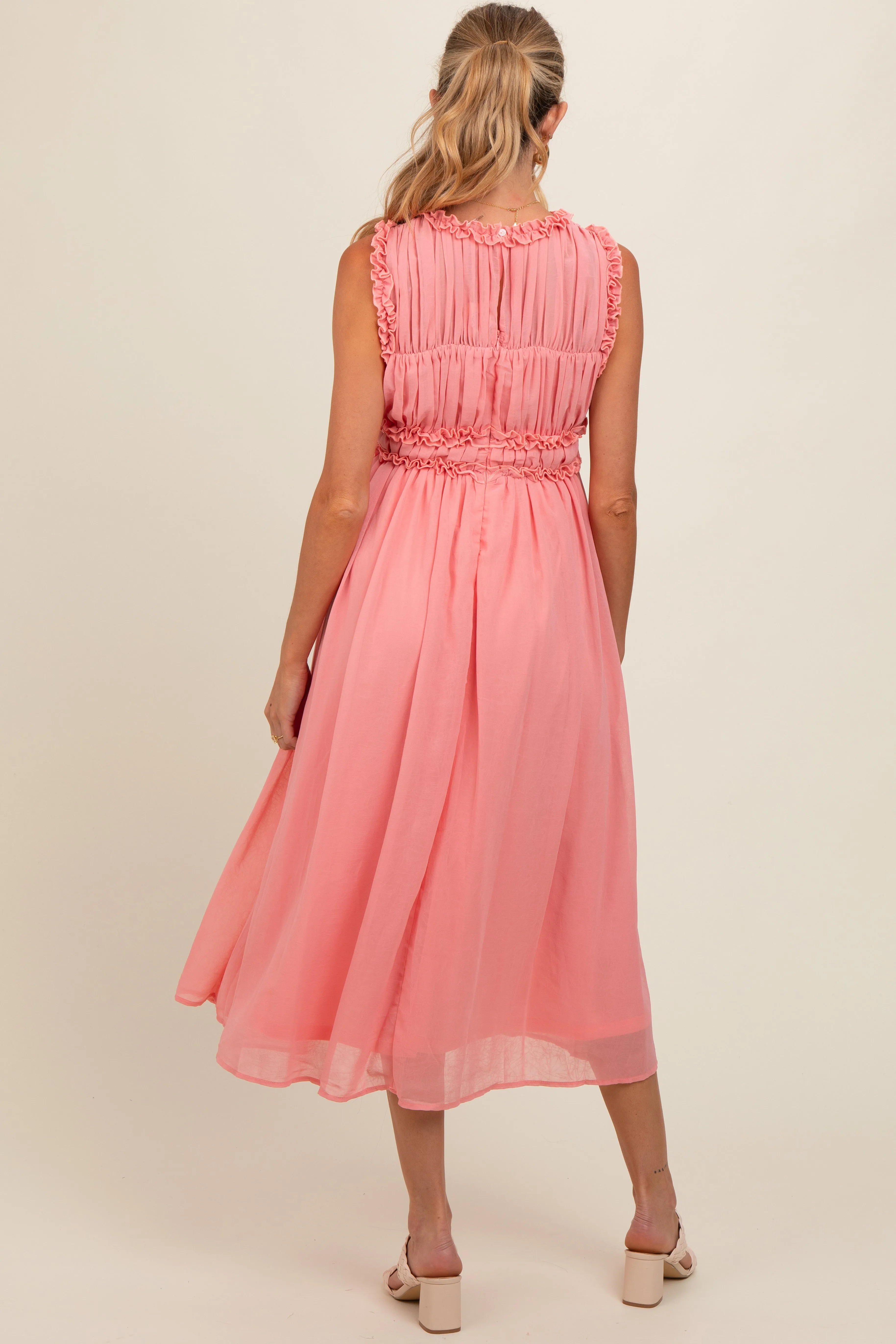 Coral Chiffon Ruched Lettuce Edge Ruffle Maternity Midi Dress sold by Pinkblush product image thumbnail 4