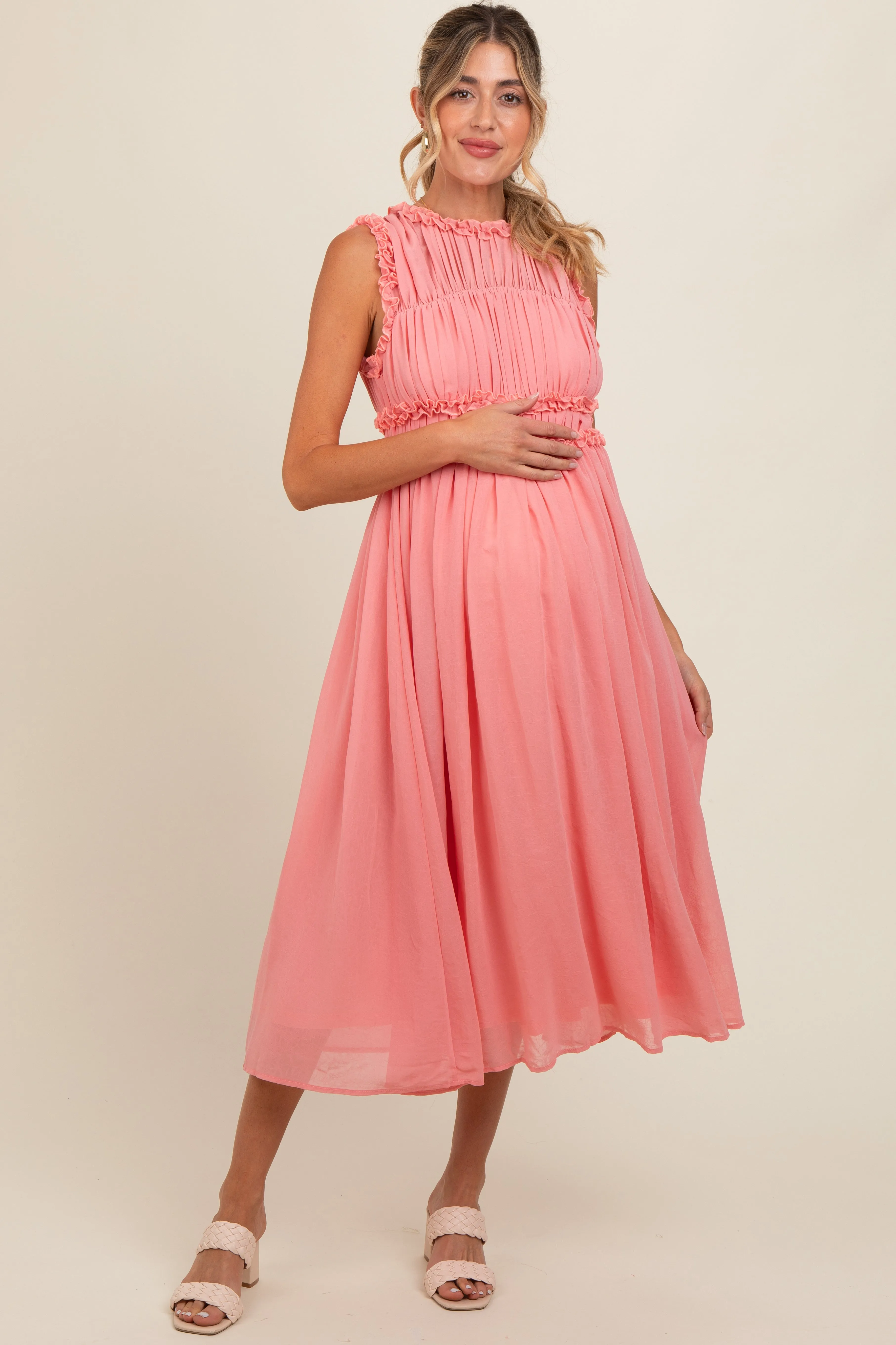 Coral Chiffon Ruched Lettuce Edge Ruffle Maternity Midi Dress sold by Pinkblush