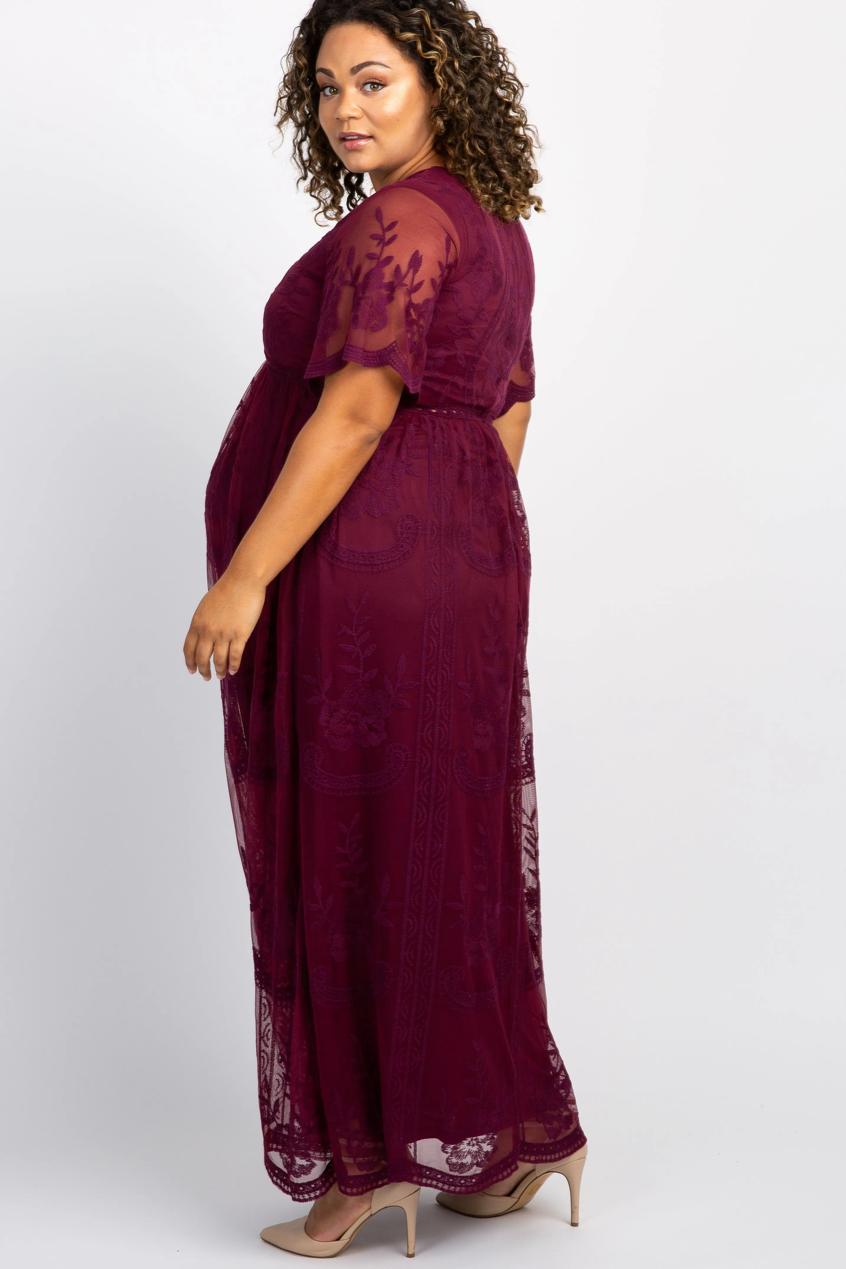PinkBlush Burgundy Lace Mesh Overlay Plus Maternity Maxi Dress sold by Pinkblush product image thumbnail 2