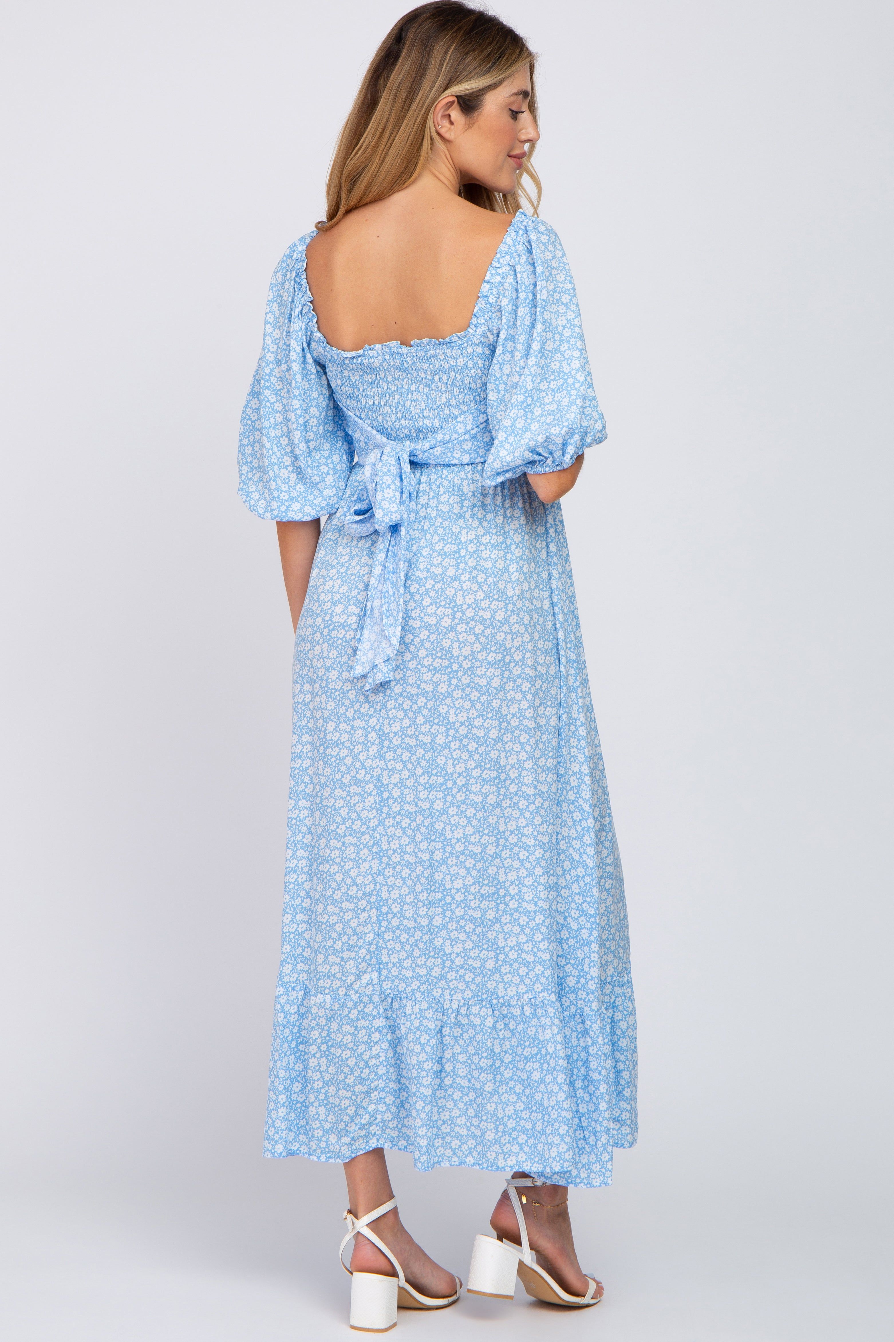 Blue Floral Smocked Maternity Maxi Dress sold by Pinkblush product image thumbnail 3