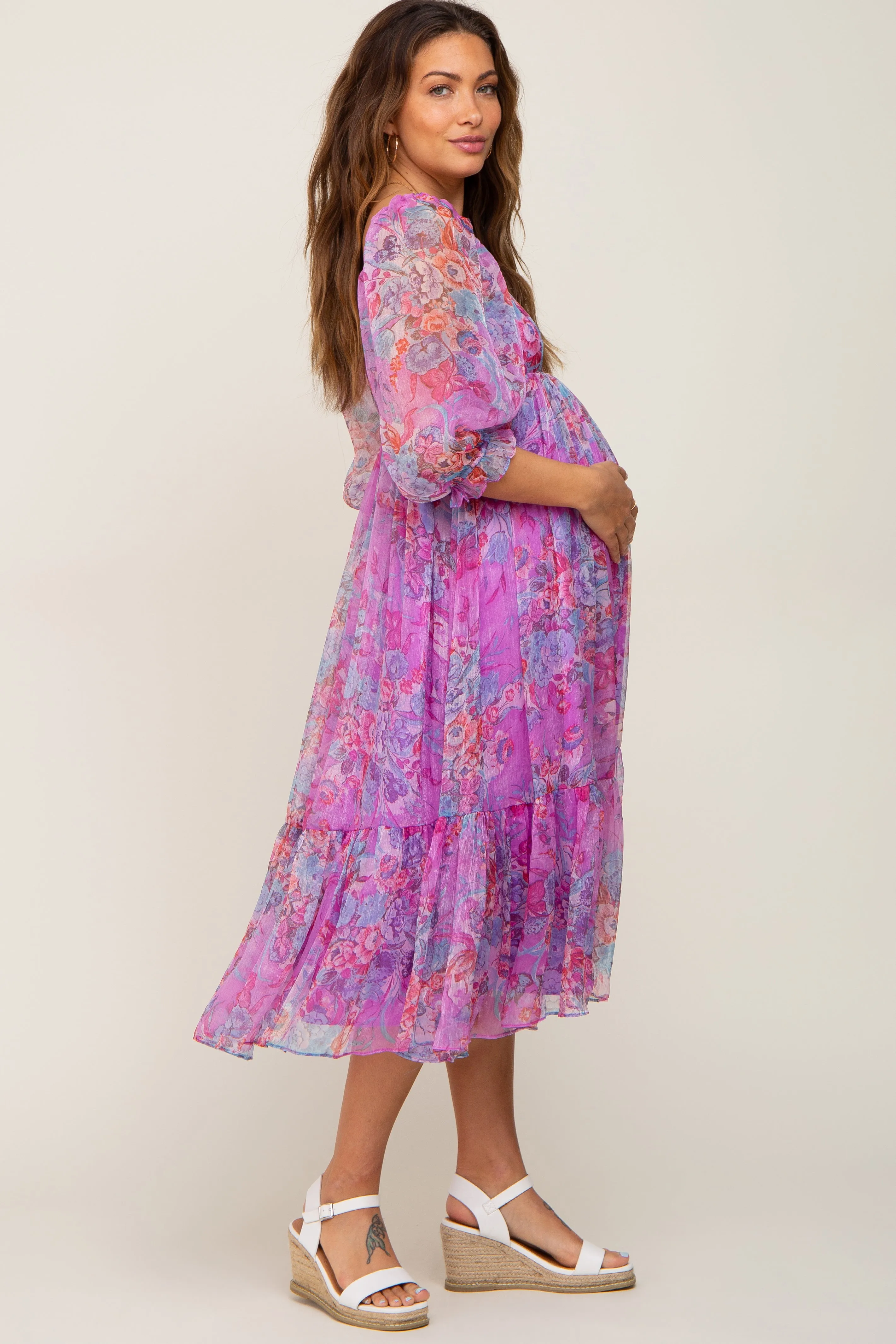 Pink Floral Shimmer Chiffon Maternity Midi Dress sold by Pinkblush product image thumbnail 2