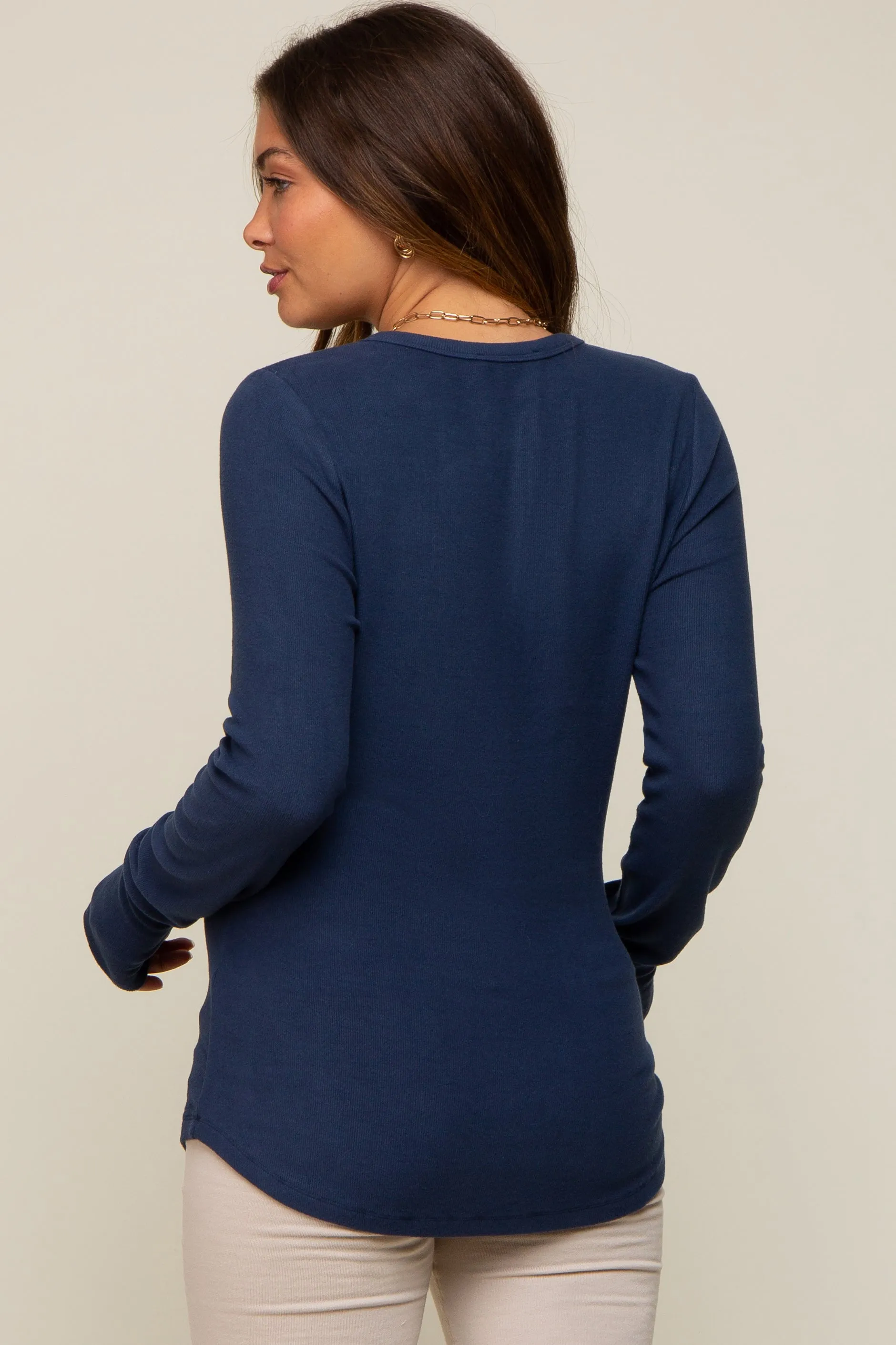 Navy Button Front Soft Knit Long Sleeve Henley Maternity Top sold by Pinkblush product image thumbnail 4
