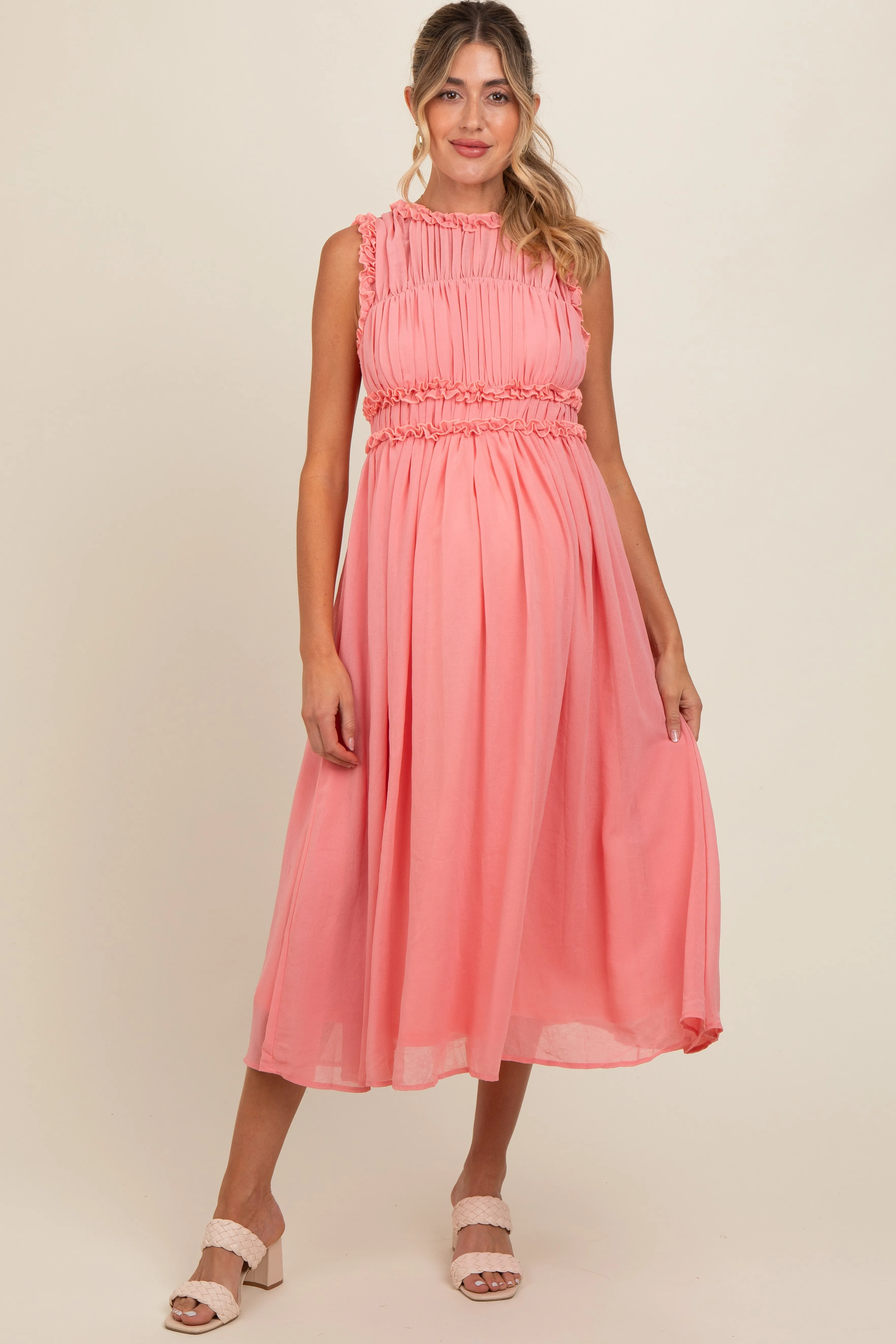 Coral Chiffon Ruched Lettuce Edge Ruffle Maternity Midi Dress sold by Pinkblush product image thumbnail 2