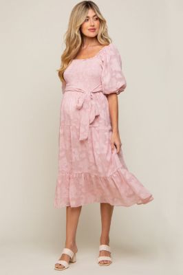 Pink Floral Textured Tiered Maternity Midi Dress sold by Pinkblush