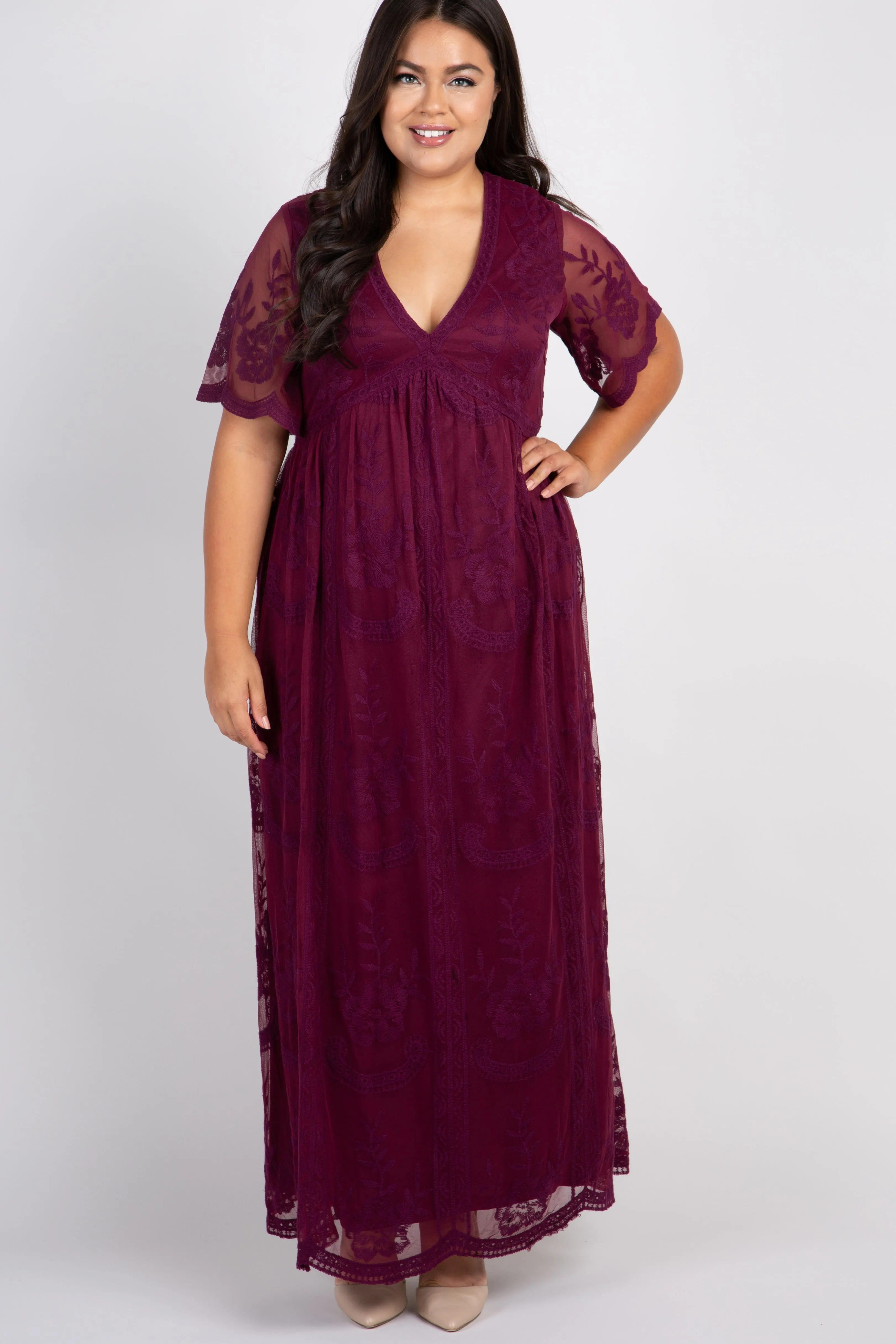 PinkBlush Burgundy Lace Mesh Overlay Plus Maternity Maxi Dress sold by Pinkblush product image thumbnail 5