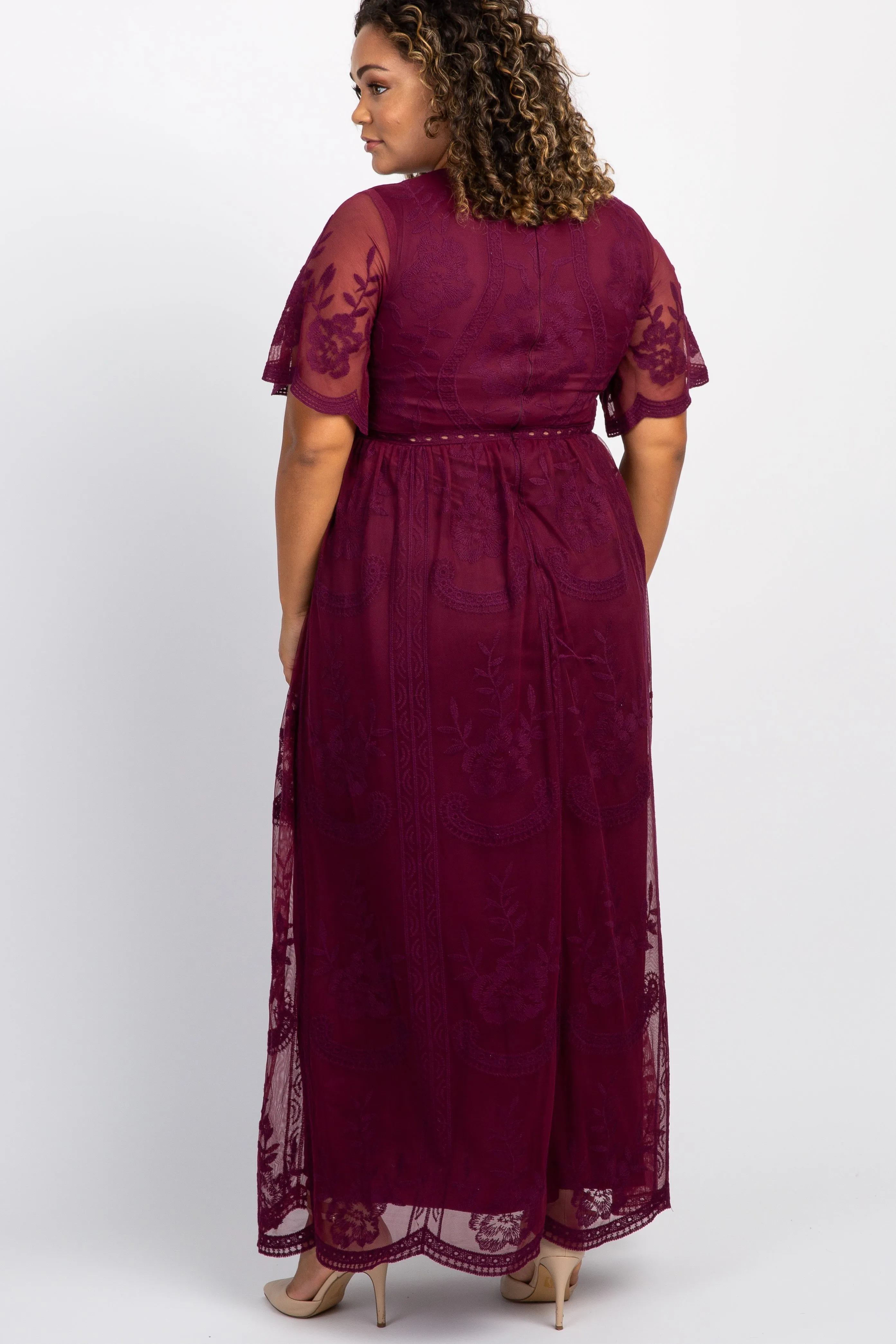 PinkBlush Burgundy Lace Mesh Overlay Plus Maternity Maxi Dress sold by Pinkblush product image thumbnail 3