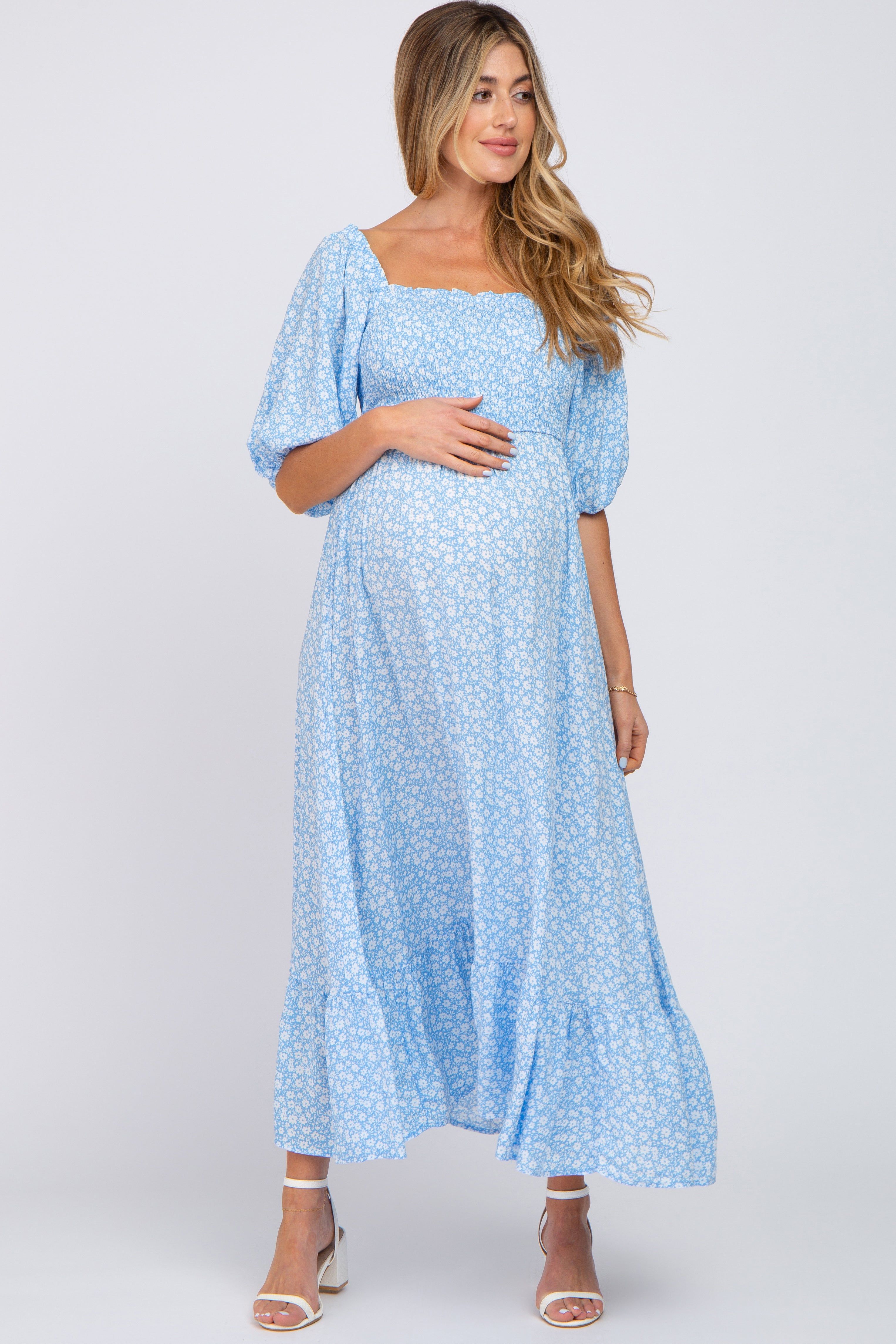 Blue Floral Smocked Maternity Maxi Dress sold by Pinkblush product image thumbnail 4