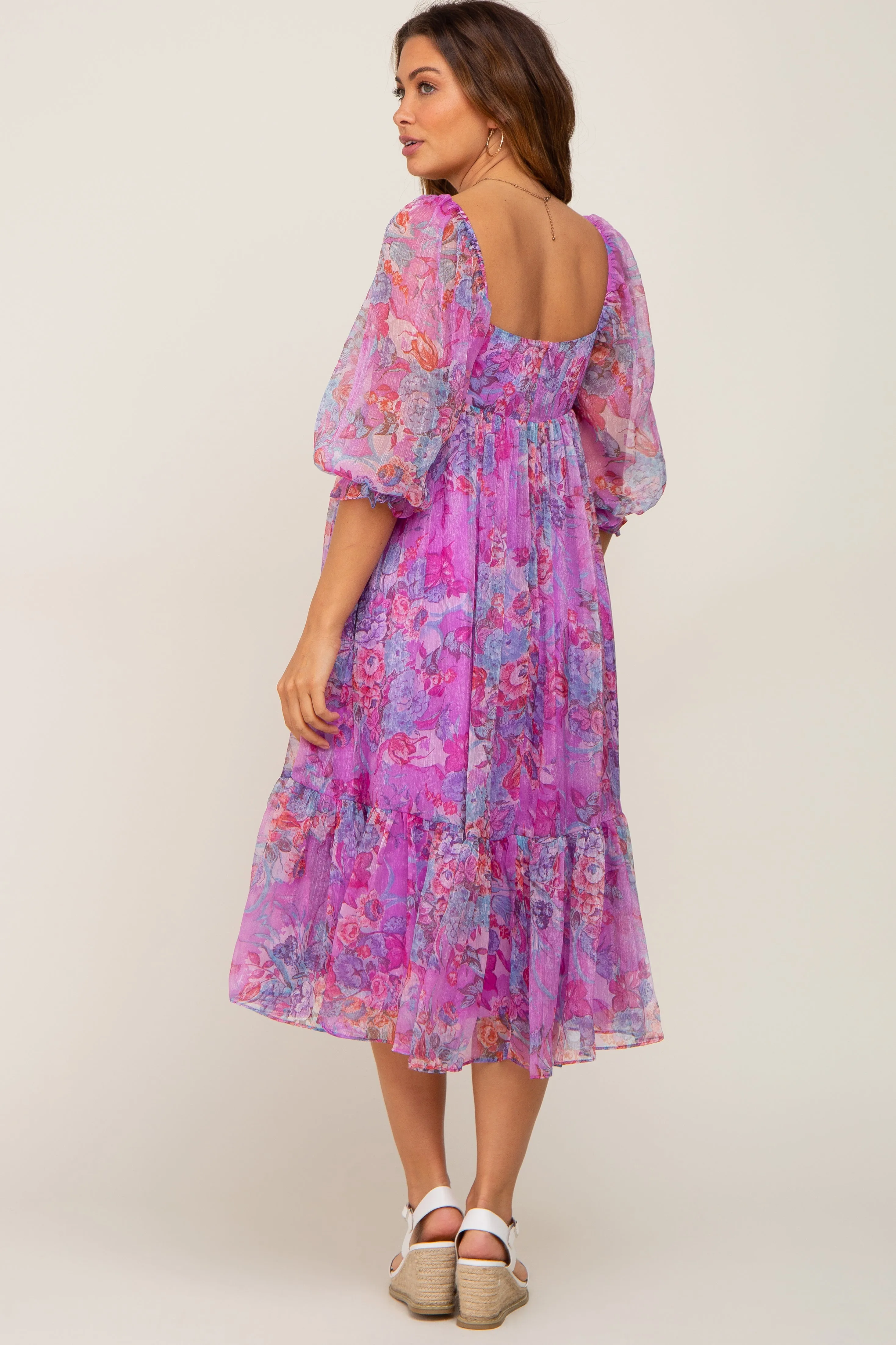 Pink Floral Shimmer Chiffon Maternity Midi Dress sold by Pinkblush product image thumbnail 3