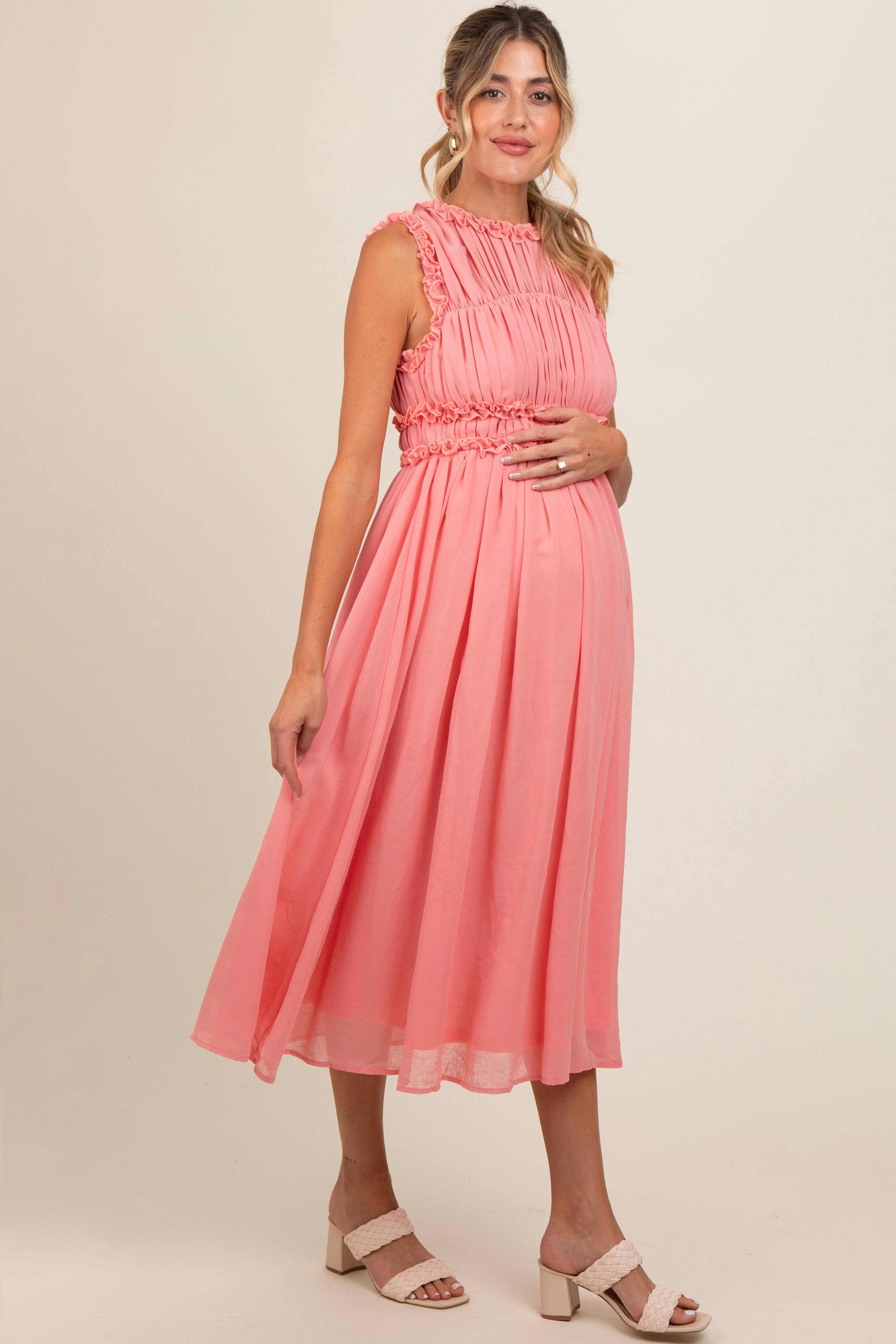 Coral Chiffon Ruched Lettuce Edge Ruffle Maternity Midi Dress sold by Pinkblush product image thumbnail 3