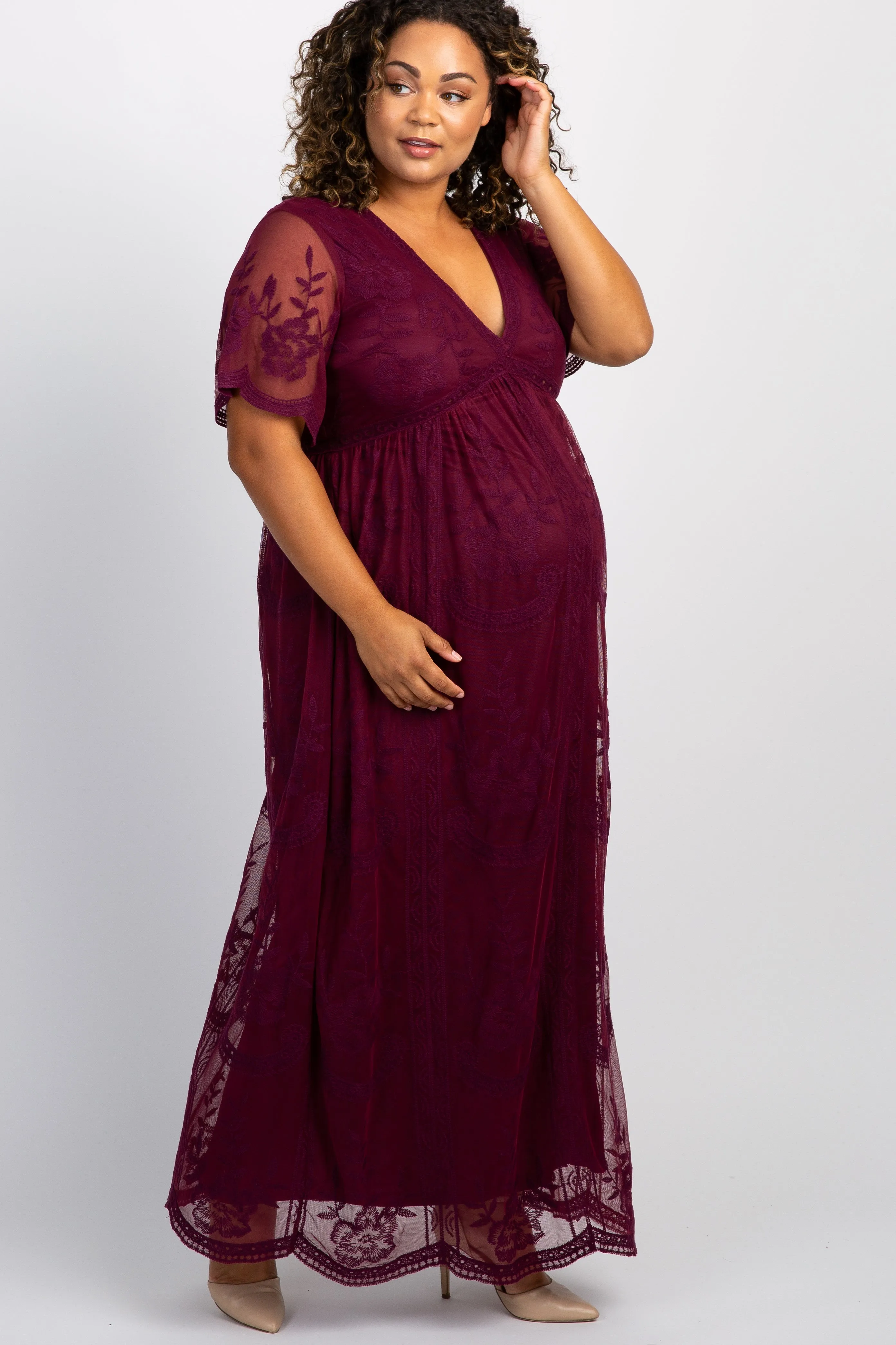 PinkBlush Burgundy Lace Mesh Overlay Plus Maternity Maxi Dress sold by Pinkblush