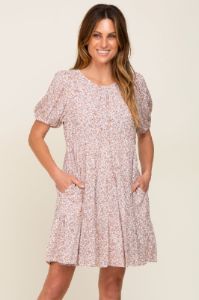 Taupe Floral Back Tie Tiered Short Sleeve Maternity Dress sold by Pinkblush