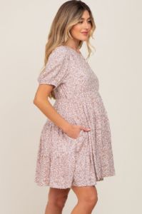 Taupe Floral Back Tie Tiered Short Sleeve Maternity Dress sold by Pinkblush