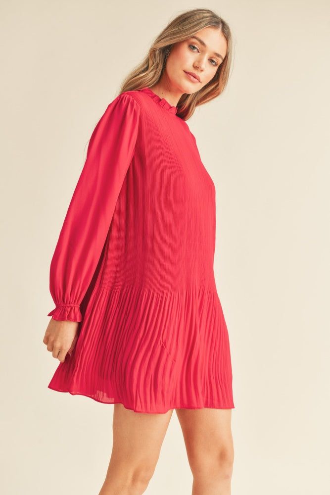 Red Pleated High Neck Mini Dress sold by Pinkblush product image thumbnail 3