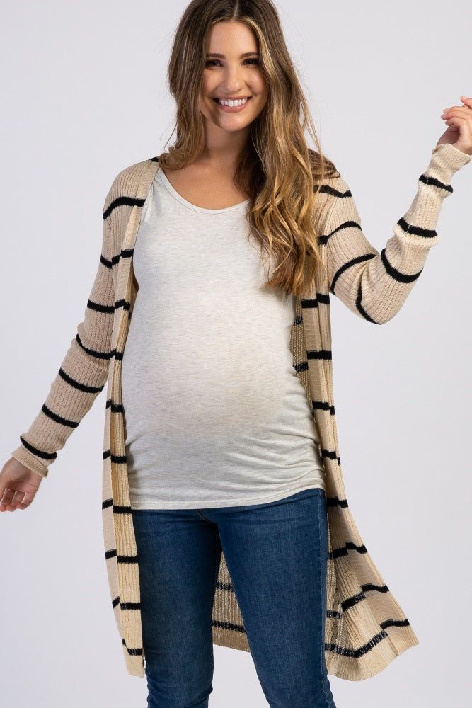Beige Striped Knit Long Maternity Cardigan sold by Pinkblush product image thumbnail 2