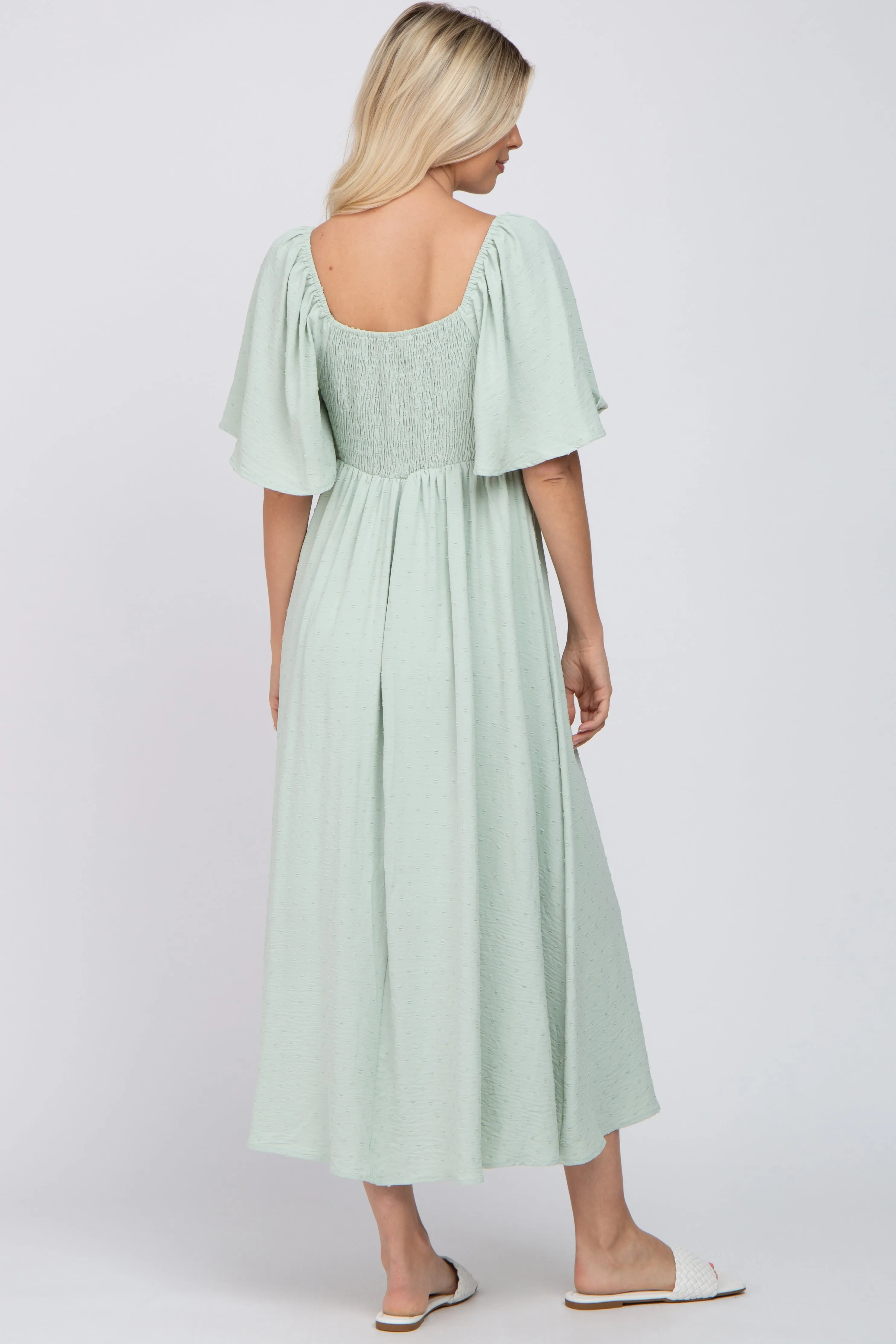 Mint Green Textured Dot Front Tie Ruffle Sleeve Midi Dress sold by Pinkblush product image thumbnail 3