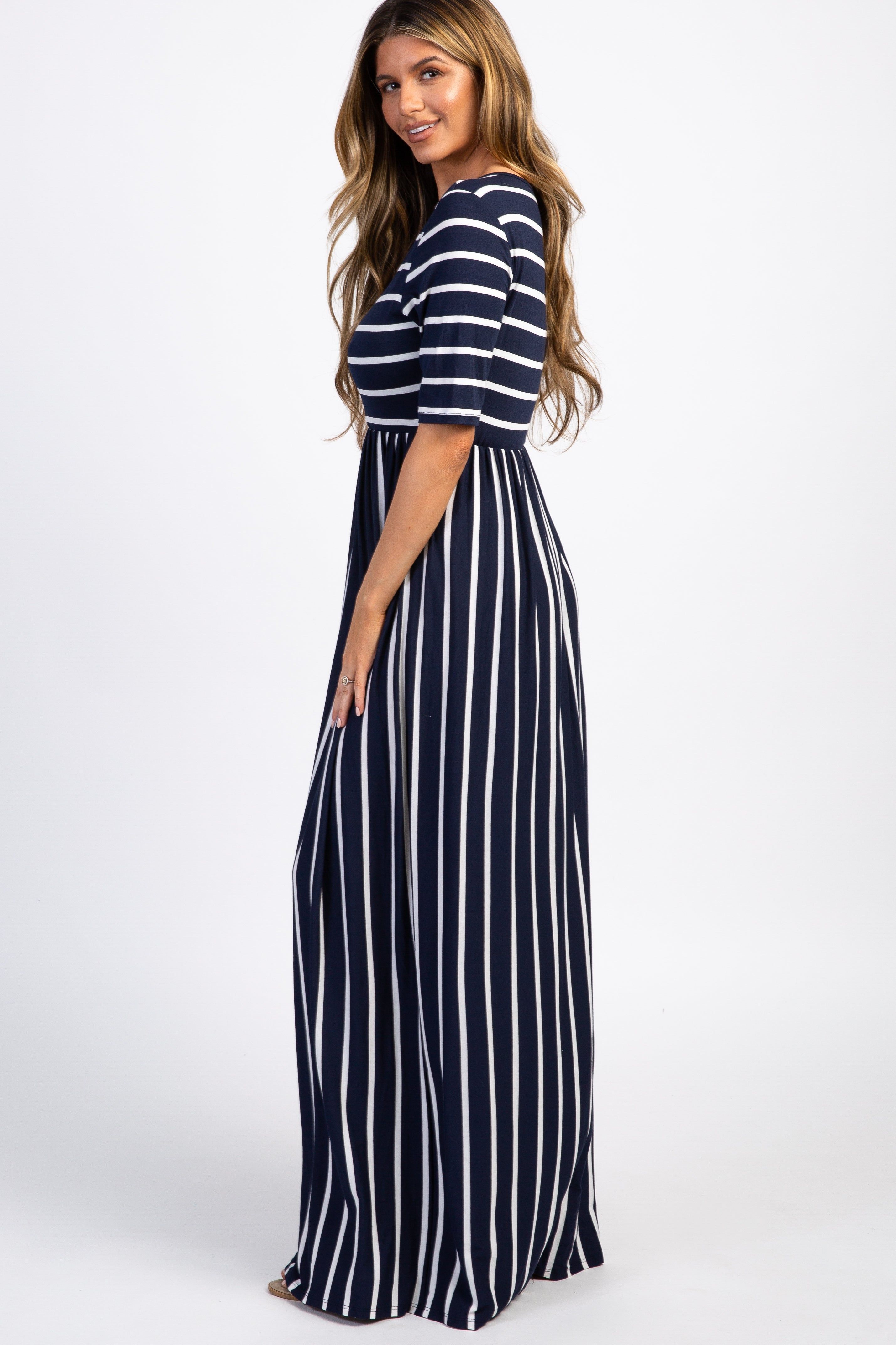 PinkBlush Navy Blue Striped Half Sleeve Maxi Dress sold by Pinkblush product image thumbnail 2