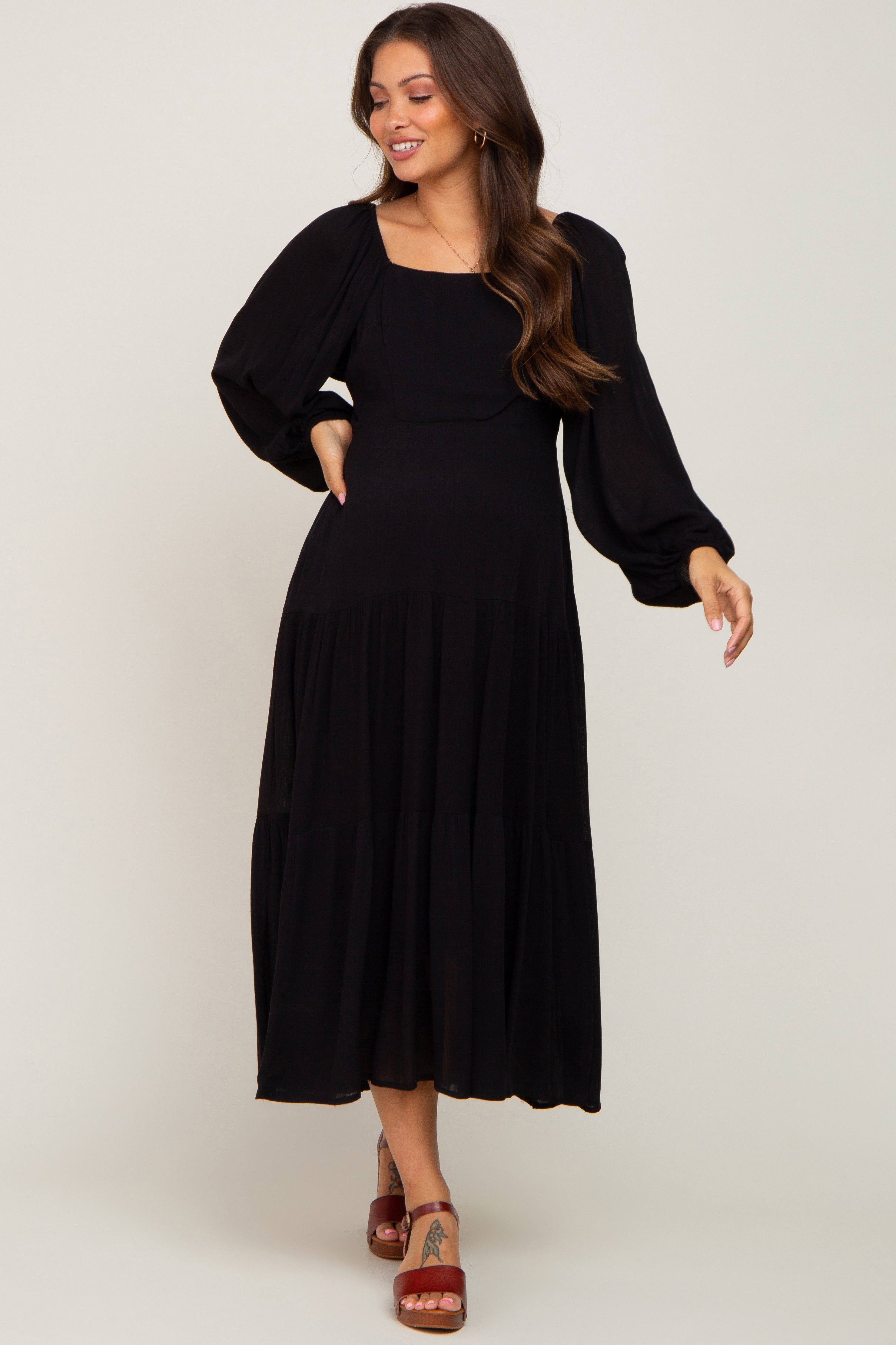 Black Tiered Maternity Midi Dress sold by Pinkblush