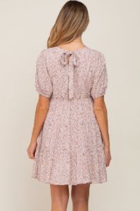Taupe Floral Back Tie Tiered Short Sleeve Maternity Dress sold by Pinkblush