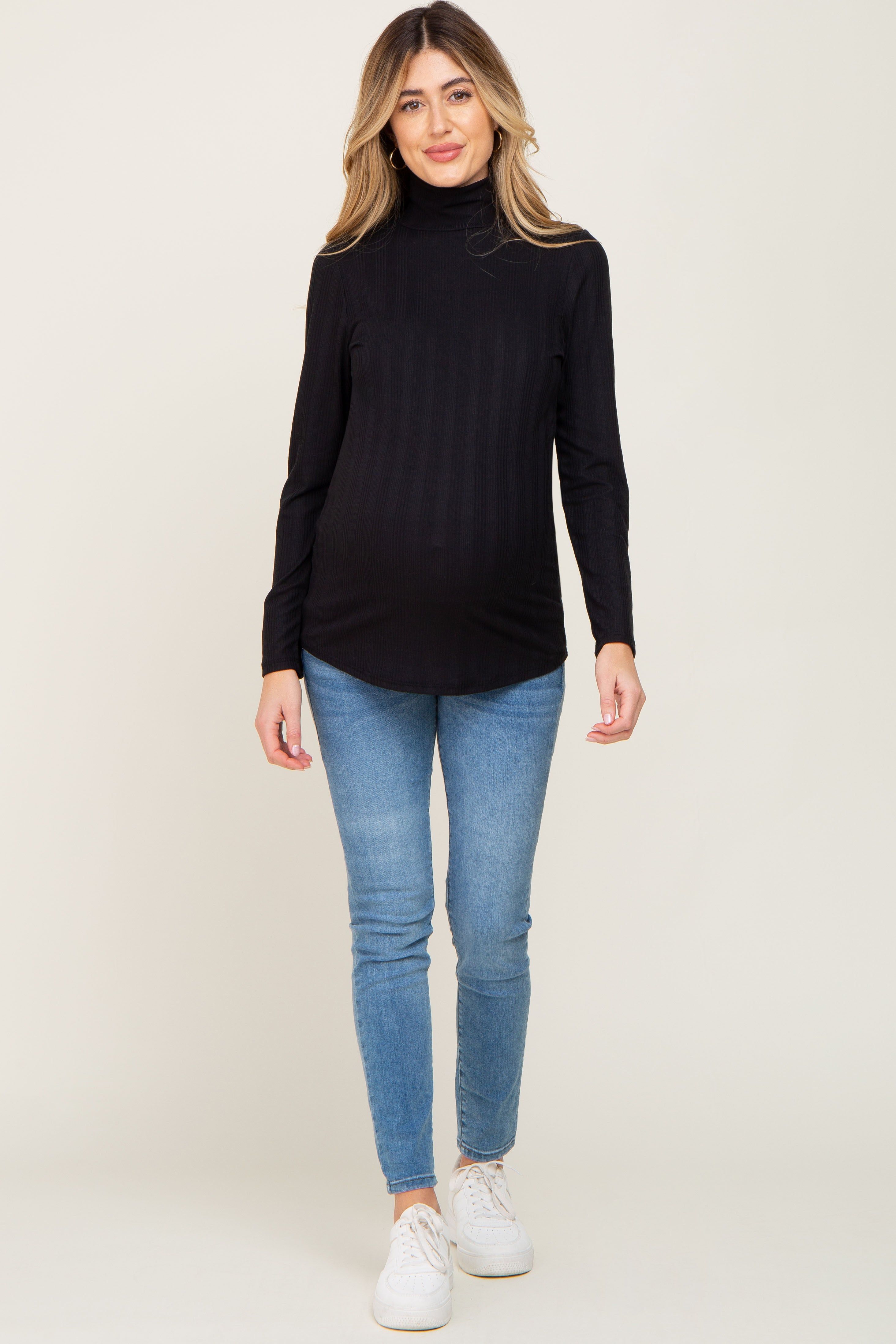 Black Long Sleeve Ribbed Turtleneck Maternity Top sold by Pinkblush product image thumbnail 4