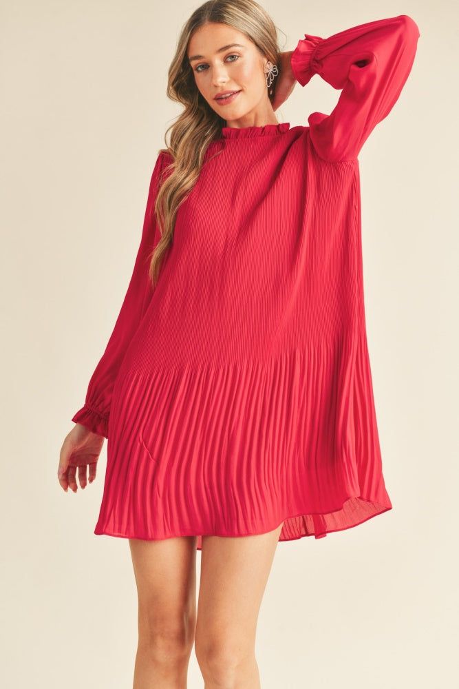 Red Pleated High Neck Mini Dress sold by Pinkblush