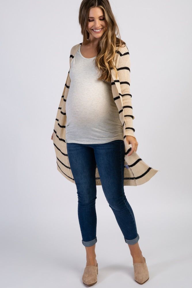 Beige Striped Knit Long Maternity Cardigan sold by Pinkblush