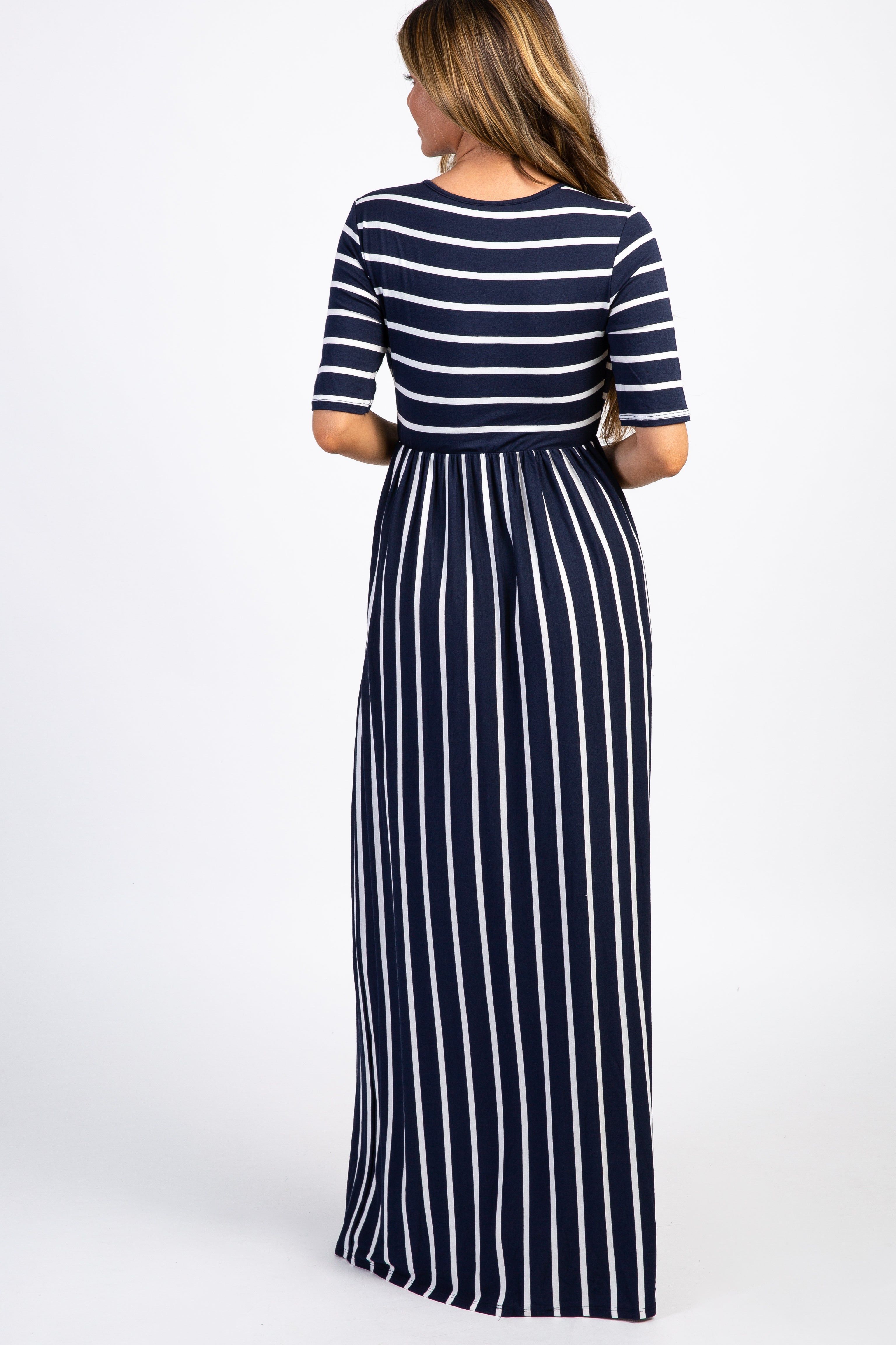 PinkBlush Navy Blue Striped Half Sleeve Maxi Dress sold by Pinkblush product image thumbnail 3