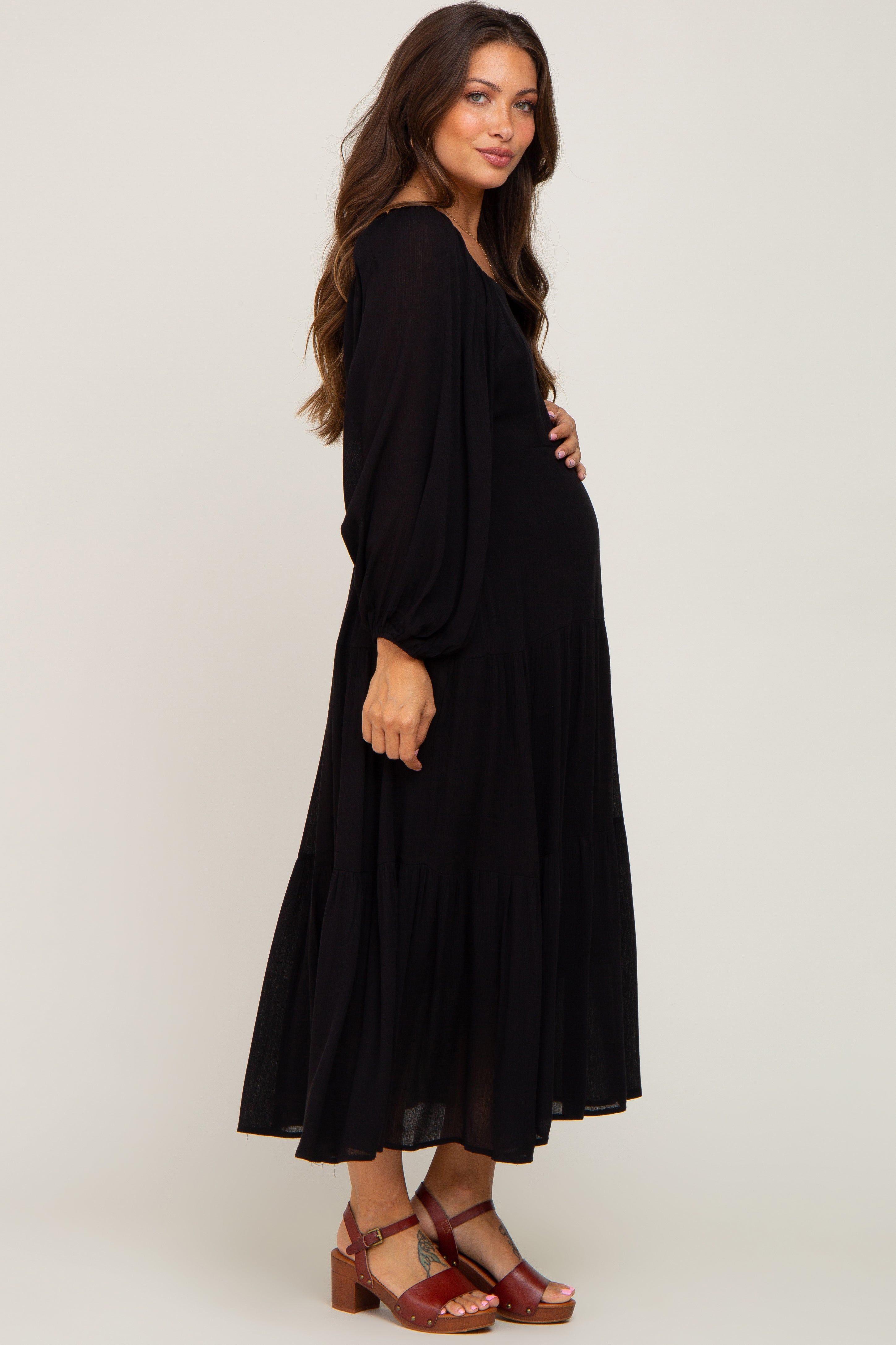 Black Tiered Maternity Midi Dress sold by Pinkblush product image thumbnail 2