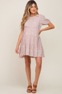 Taupe Floral Back Tie Tiered Short Sleeve Maternity Dress sold by Pinkblush