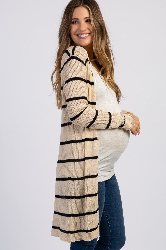Beige Striped Knit Long Maternity Cardigan sold by Pinkblush product image thumbnail 3