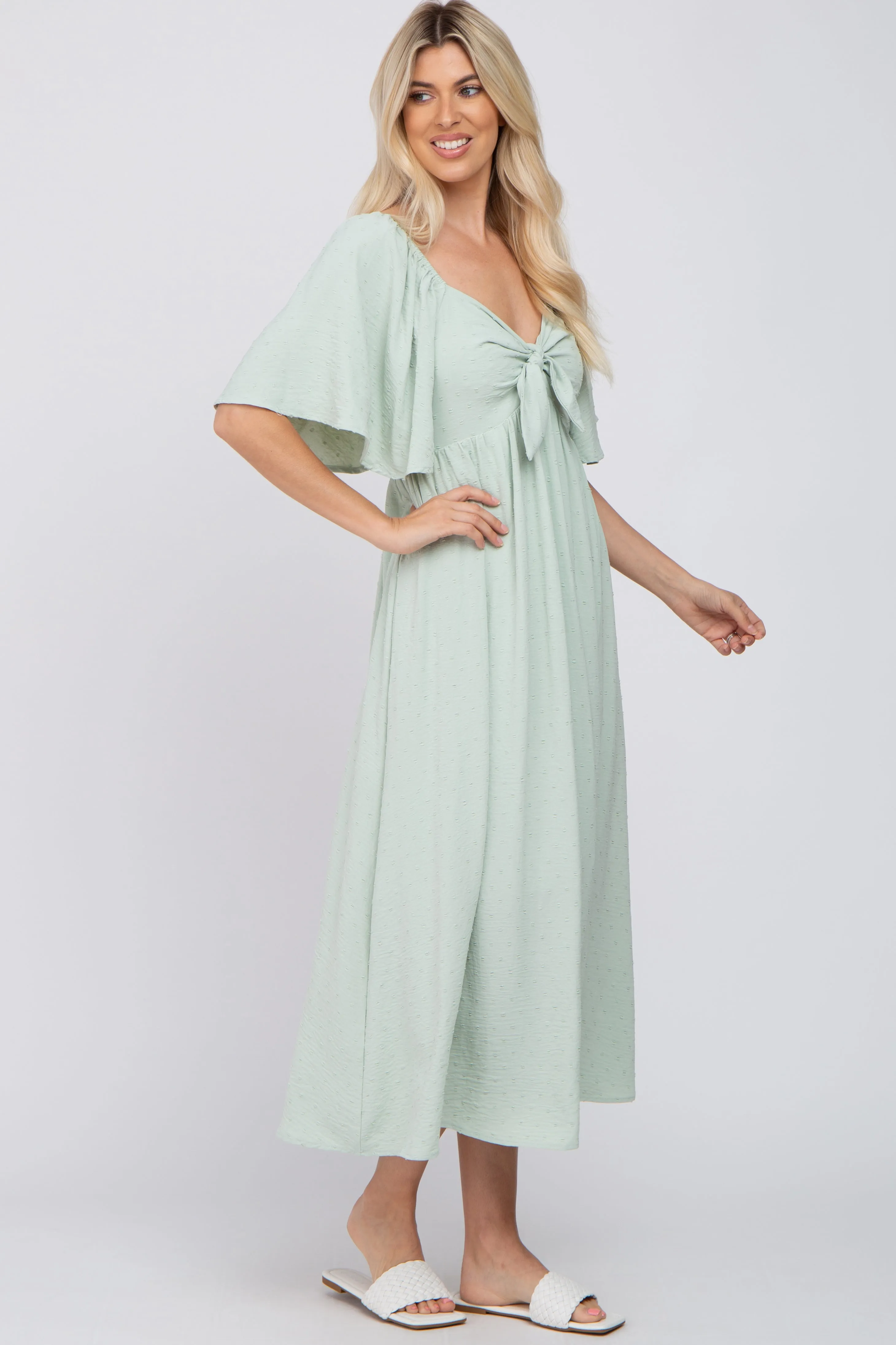 Mint Green Textured Dot Front Tie Ruffle Sleeve Midi Dress sold by Pinkblush product image thumbnail 2