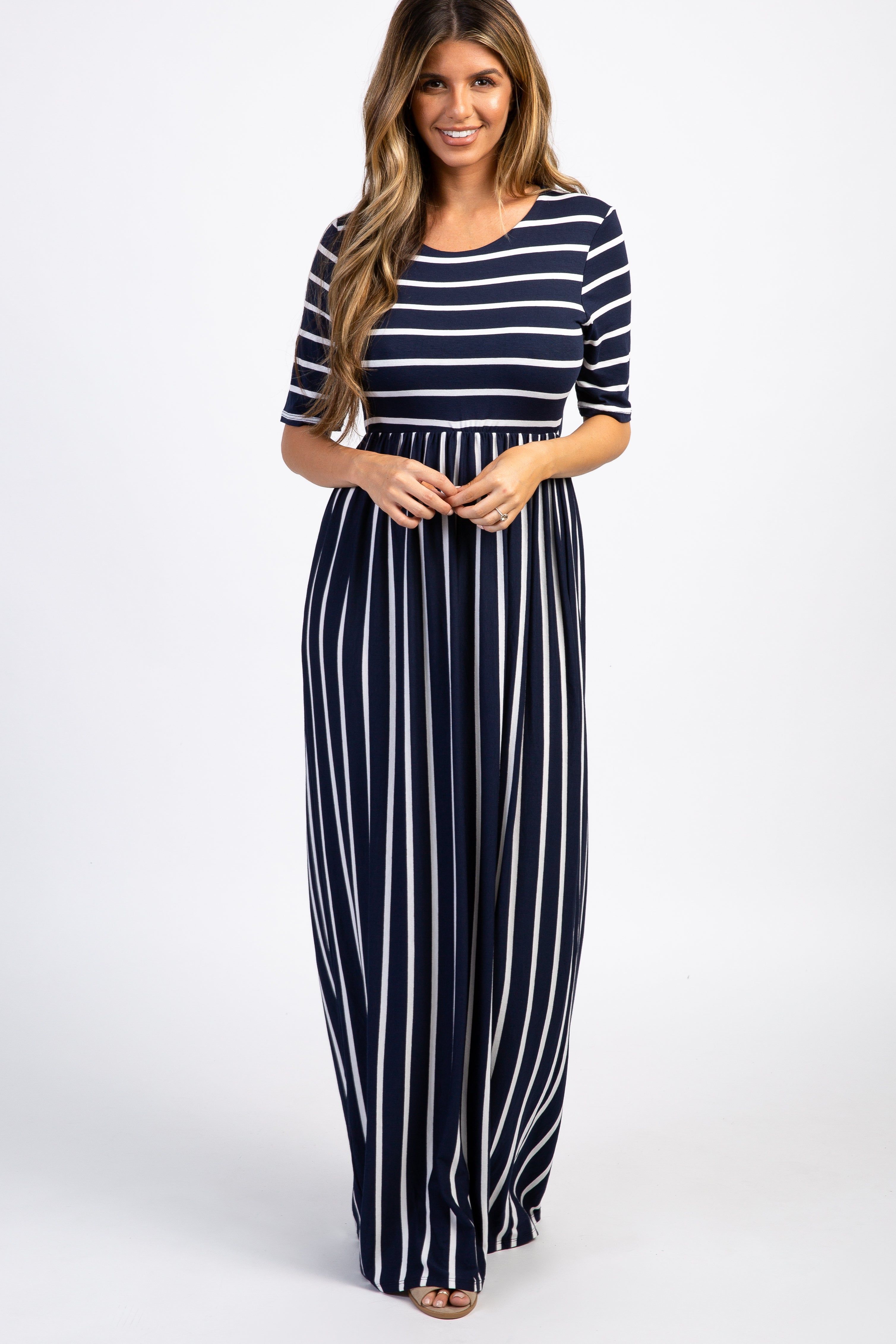 PinkBlush Navy Blue Striped Half Sleeve Maxi Dress sold by Pinkblush
