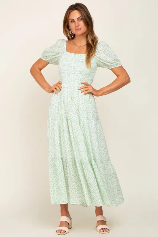 Mint Green Floral Smocked Square Neck Midi Dress sold by Pinkblush