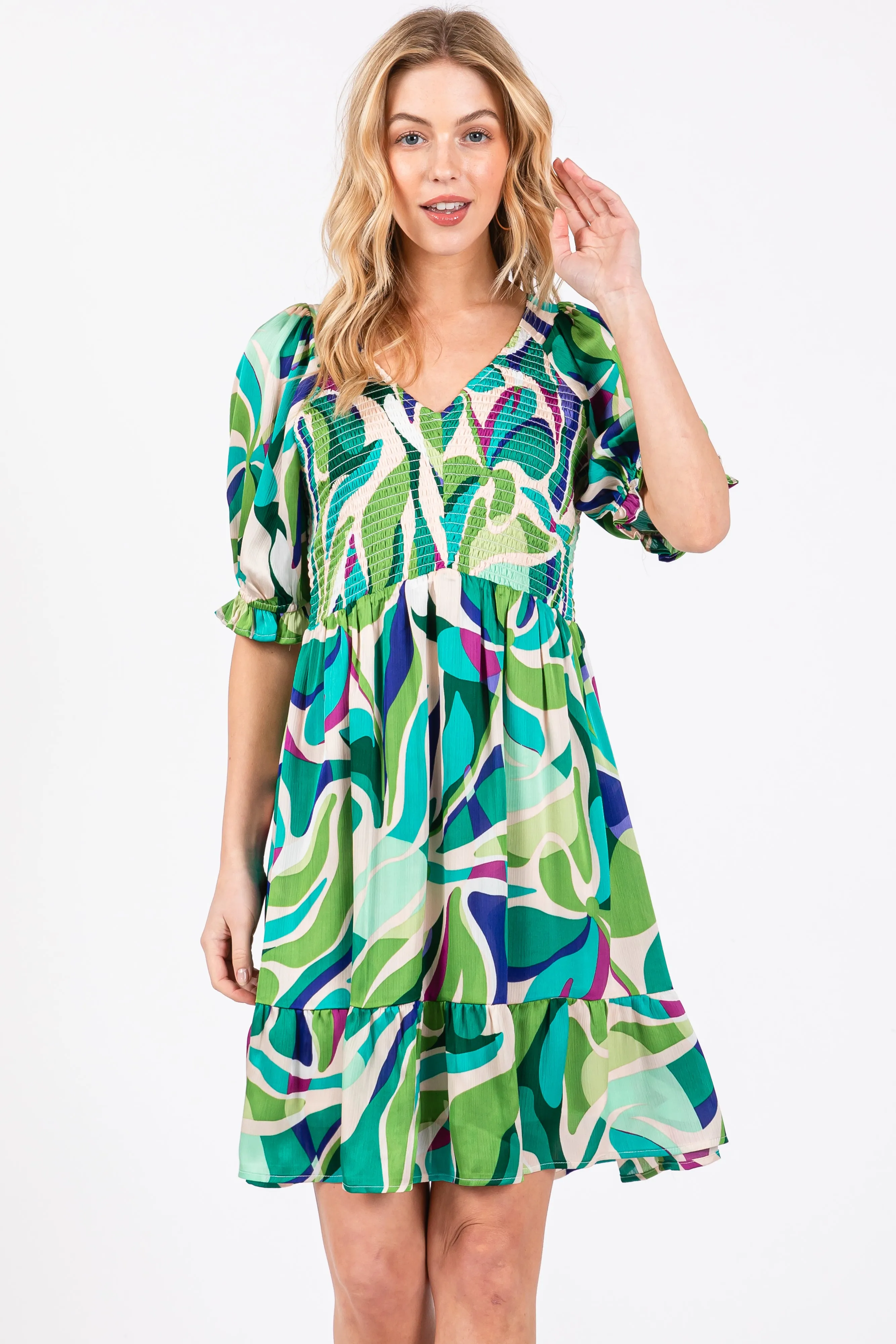 Emerald Green Abstract Print Smocked Dress sold by Pinkblush product image thumbnail 2