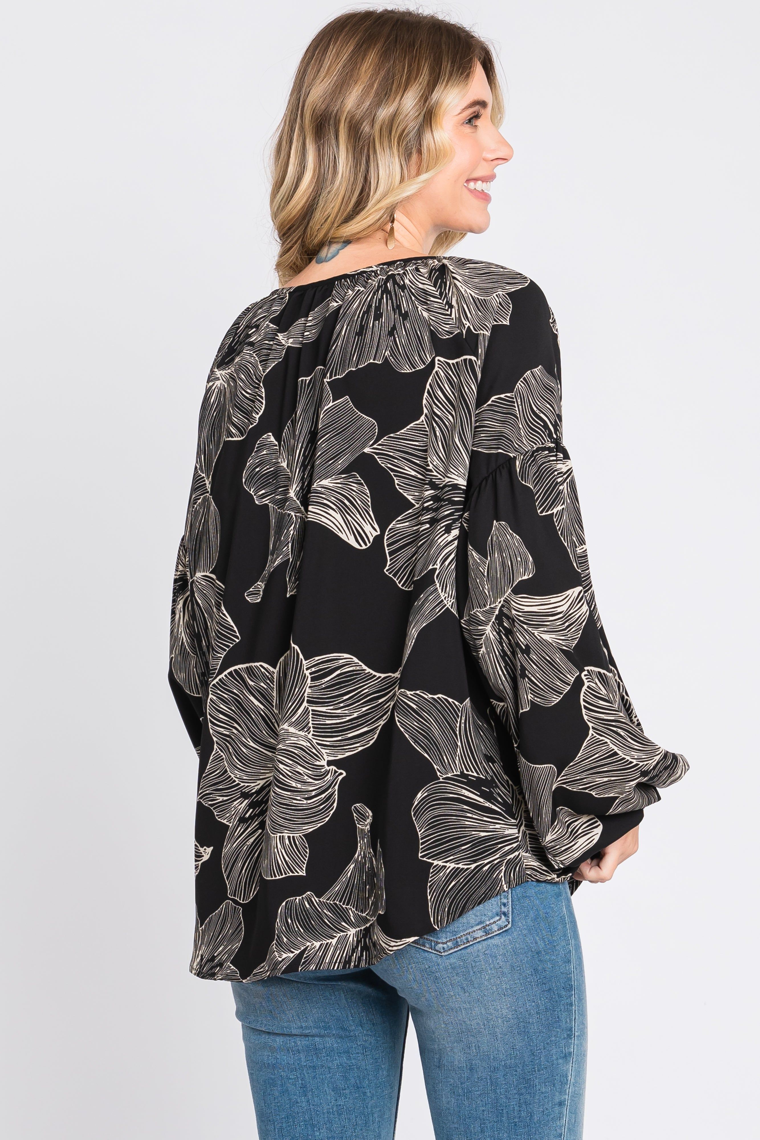 Black Floral Tie Detail Long Sleeve Blouse sold by Pinkblush product image thumbnail 3