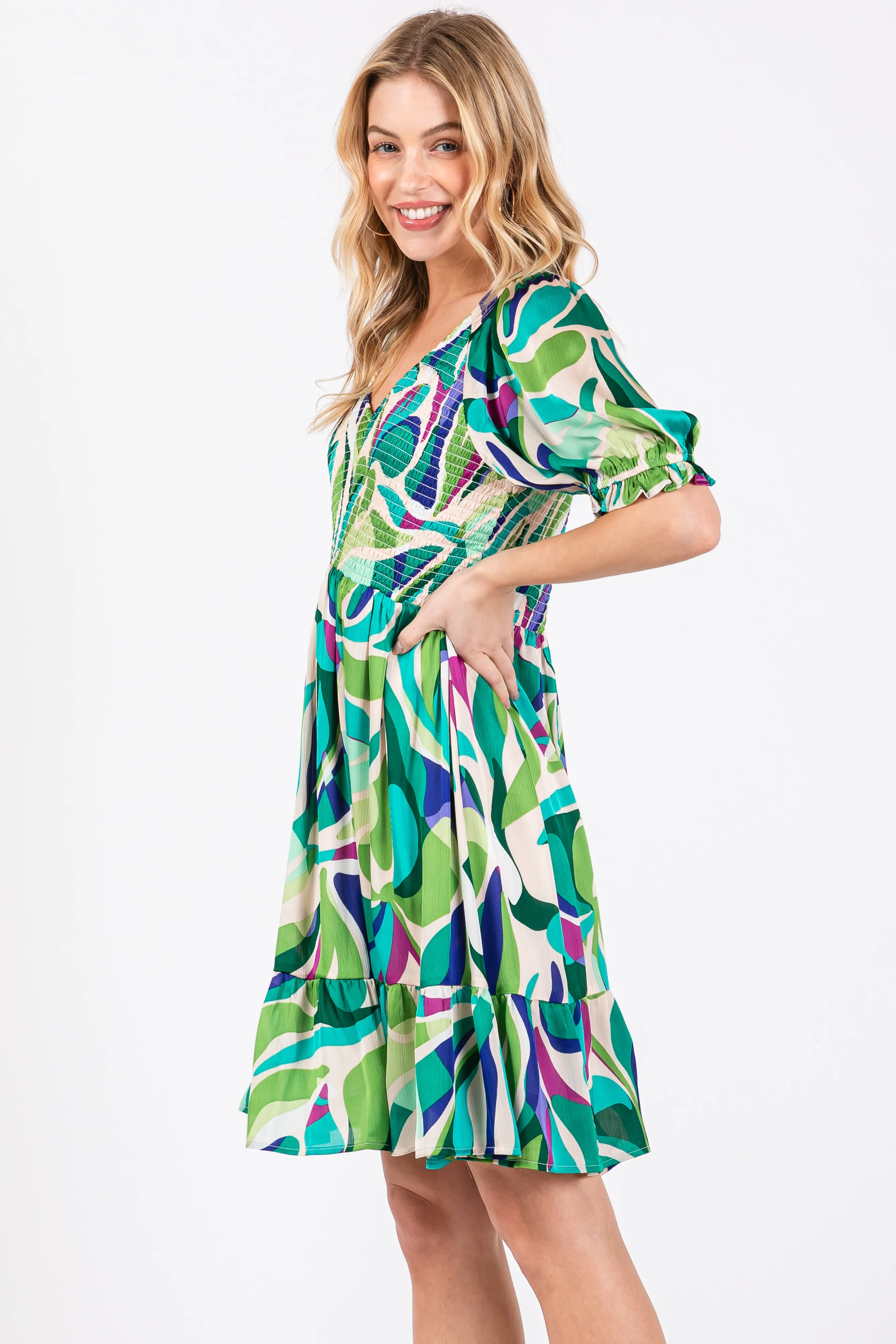 Emerald Green Abstract Print Smocked Dress sold by Pinkblush product image thumbnail 3