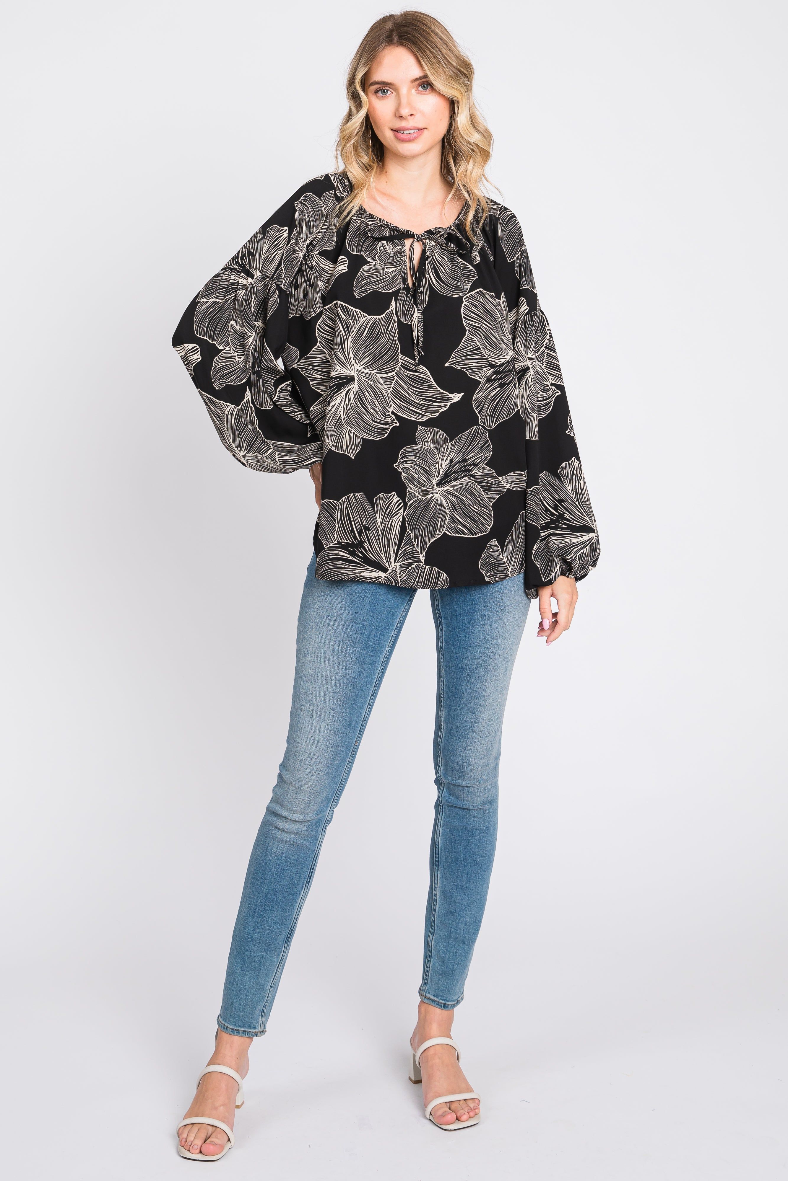 Black Floral Tie Detail Long Sleeve Blouse sold by Pinkblush product image thumbnail 4