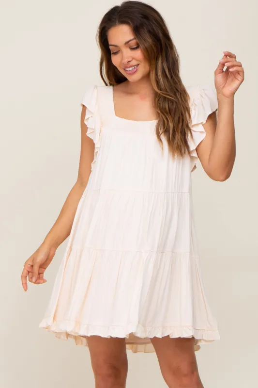 Beige Smocked Ruffle Sleeve Tiered Maternity Dress sold by Pinkblush