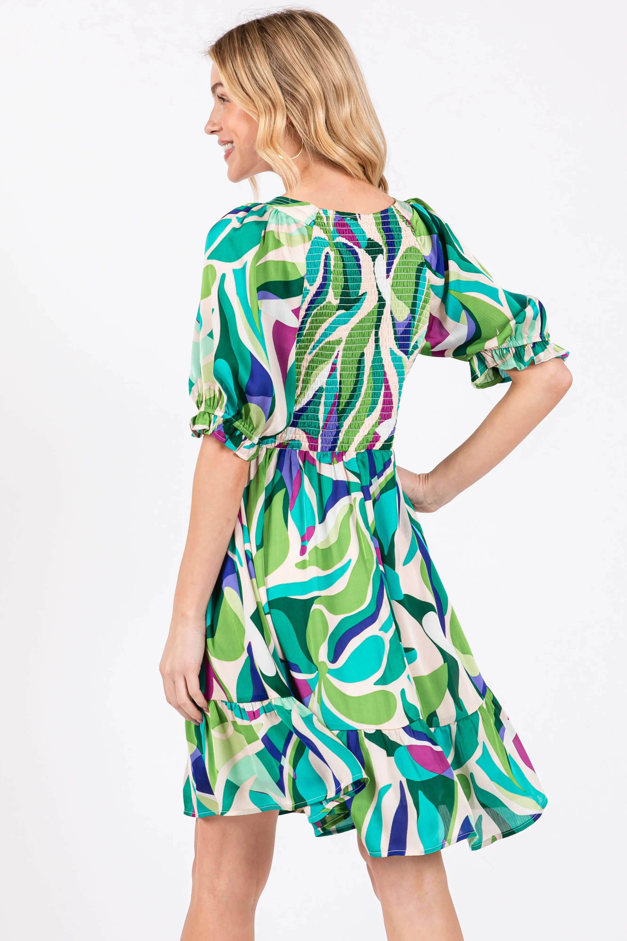 Emerald Green Abstract Print Smocked Dress sold by Pinkblush product image thumbnail 4