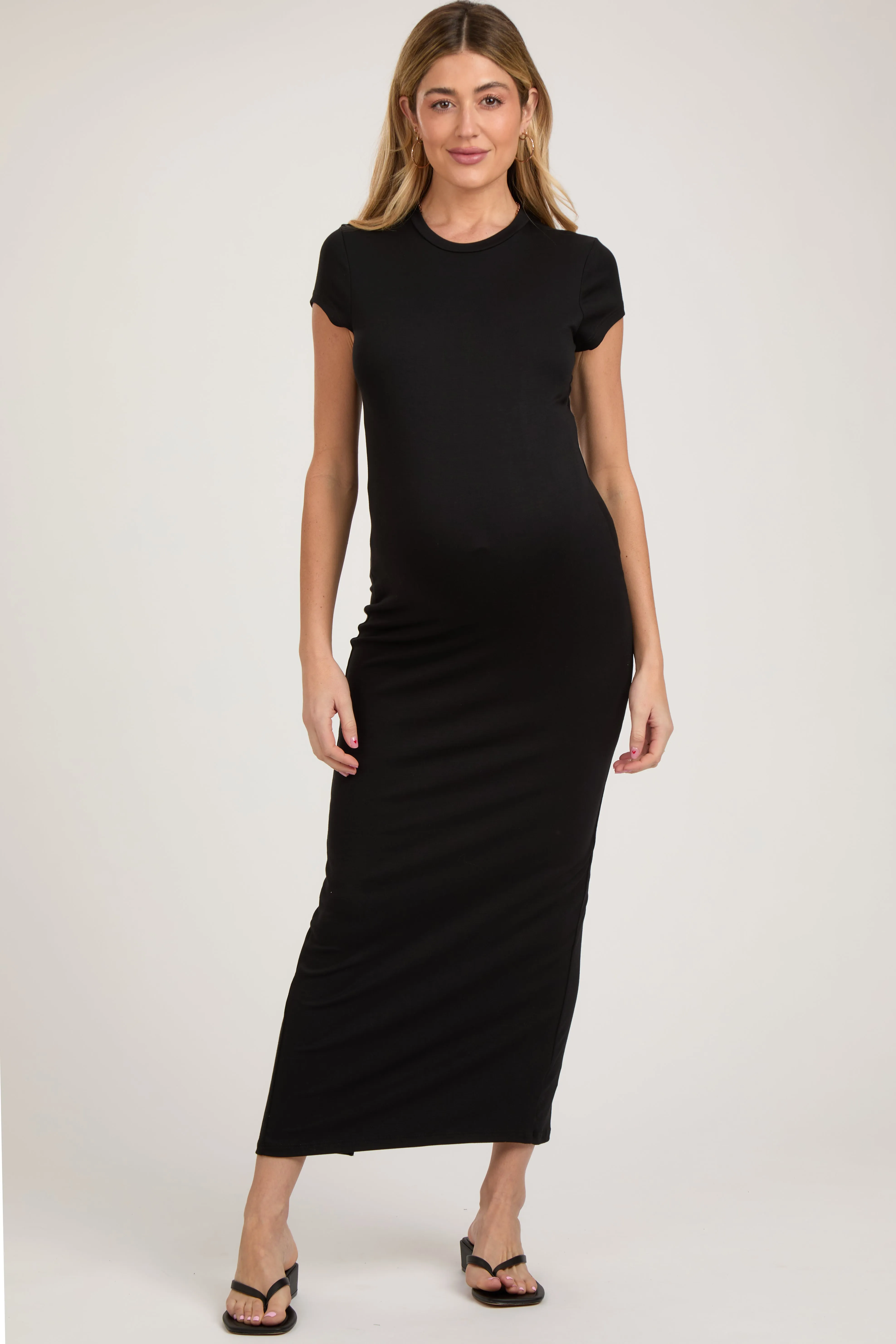 Black Fitted Short Sleeve Maternity Maxi Dress sold by Pinkblush