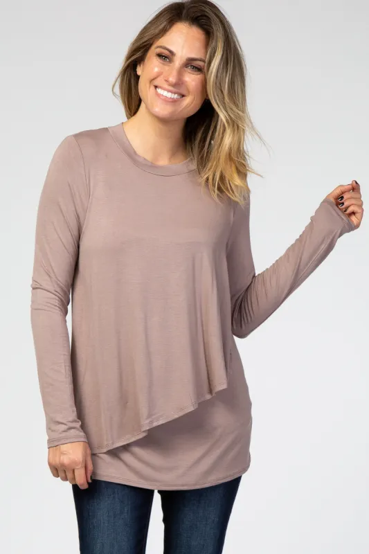 PinkBlush Taupe Solid Layered Front Long Sleeve Nursing Top sold by Pinkblush