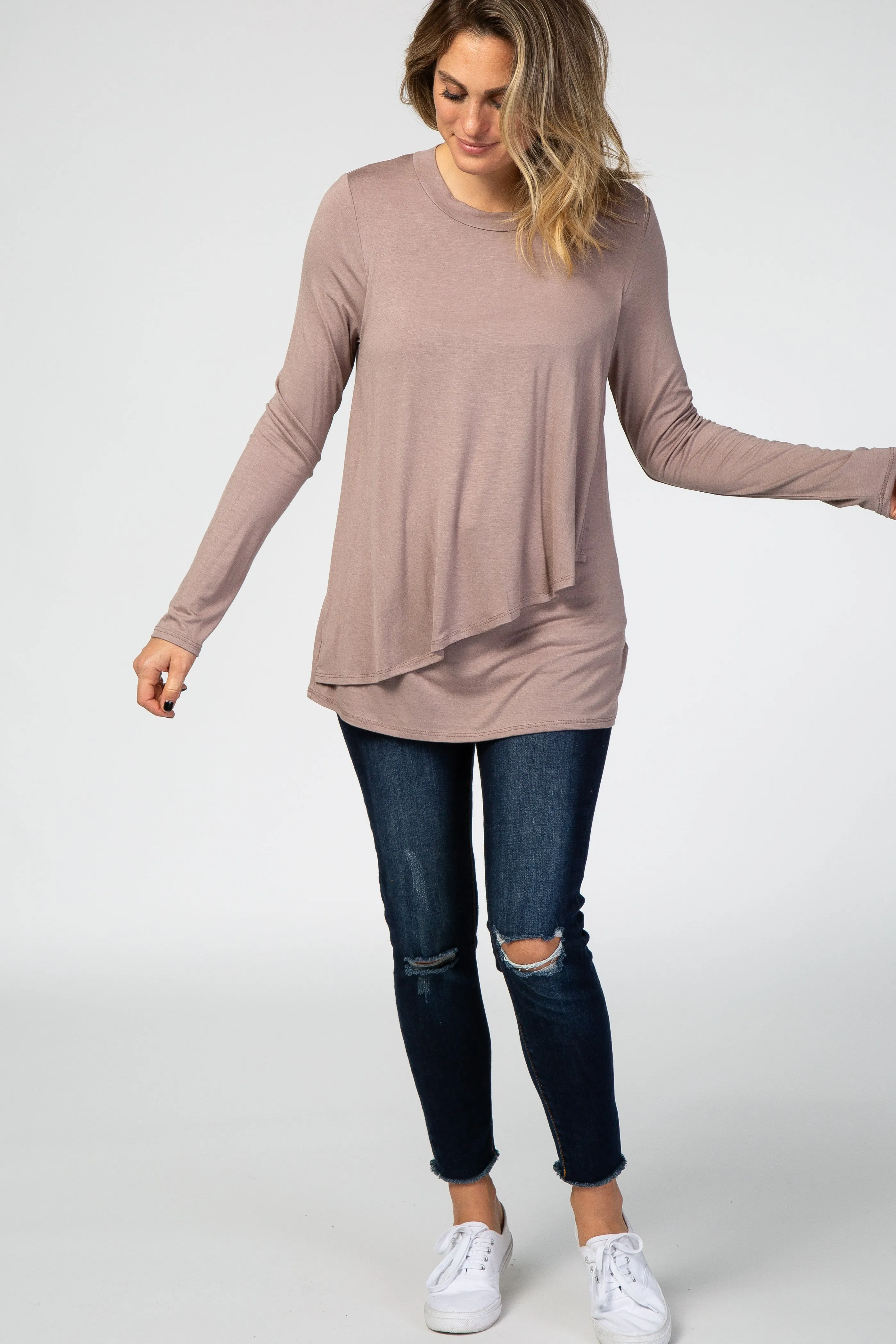 PinkBlush Taupe Solid Layered Front Long Sleeve Nursing Top sold by Pinkblush product image thumbnail 5