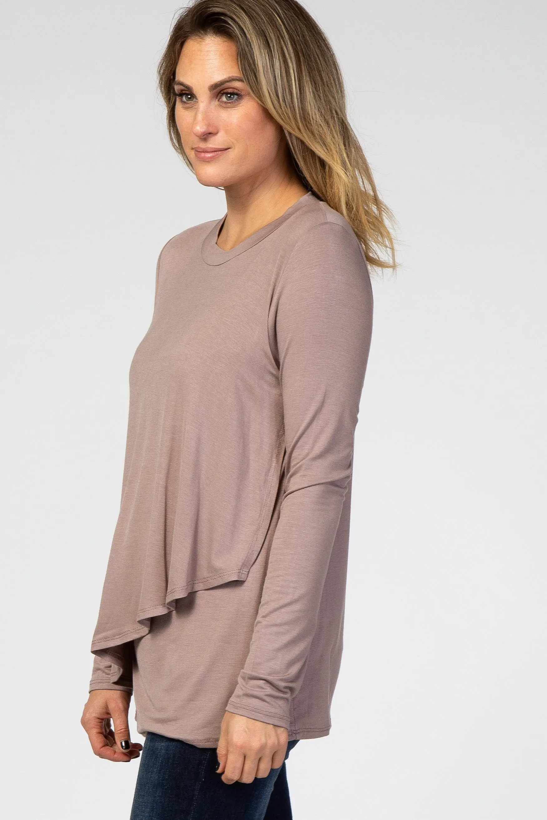 PinkBlush Taupe Solid Layered Front Long Sleeve Nursing Top sold by Pinkblush product image thumbnail 2