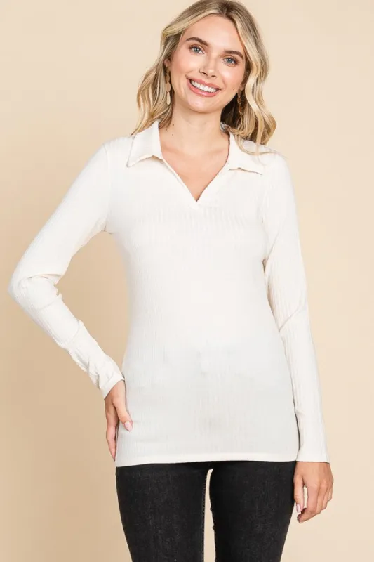 Cream Ribbed Collared Long Sleeve Top sold by Pinkblush