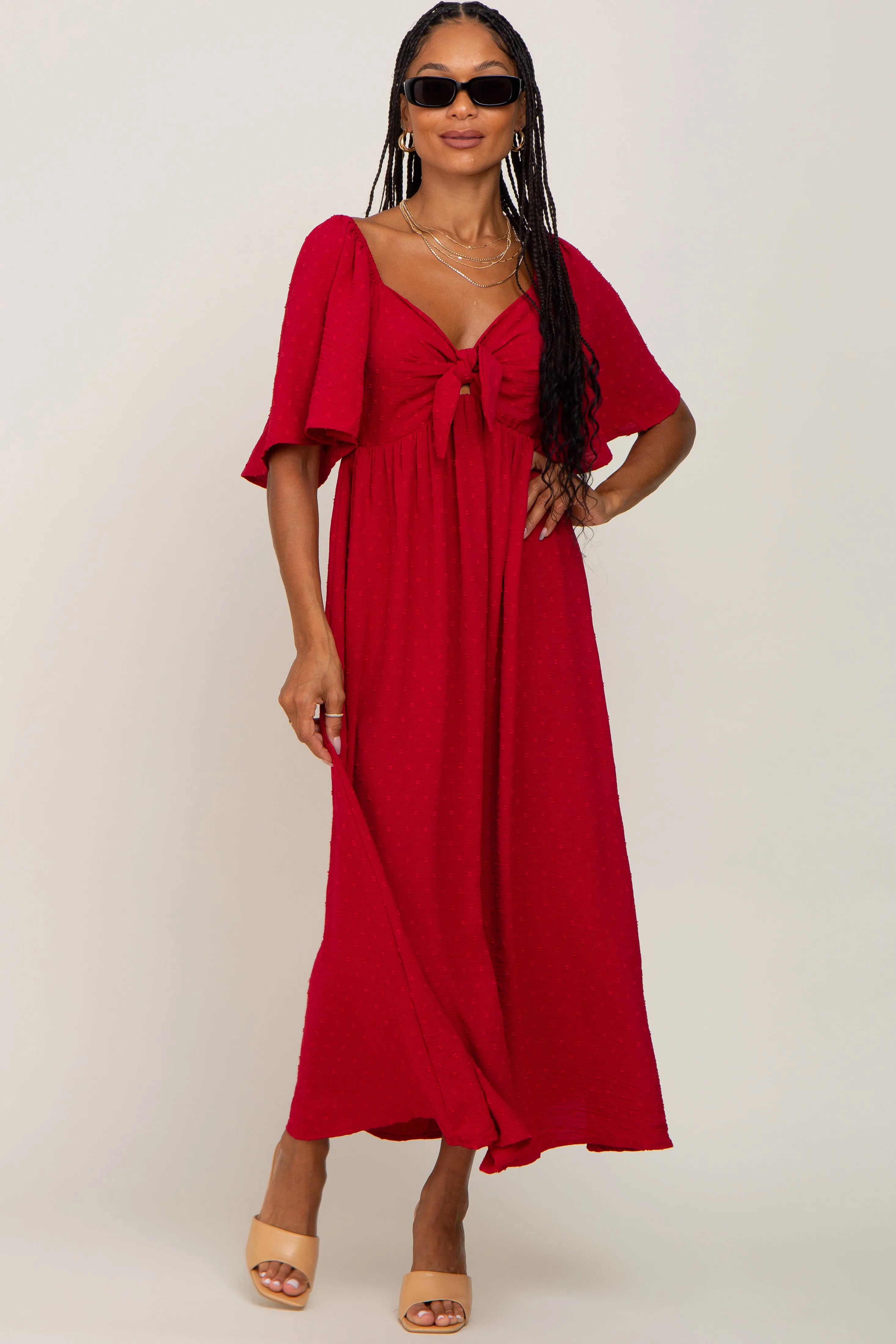 Burgundy Textured Dot Front Tie Ruffle Sleeve Midi Dress sold by Pinkblush product image thumbnail 4