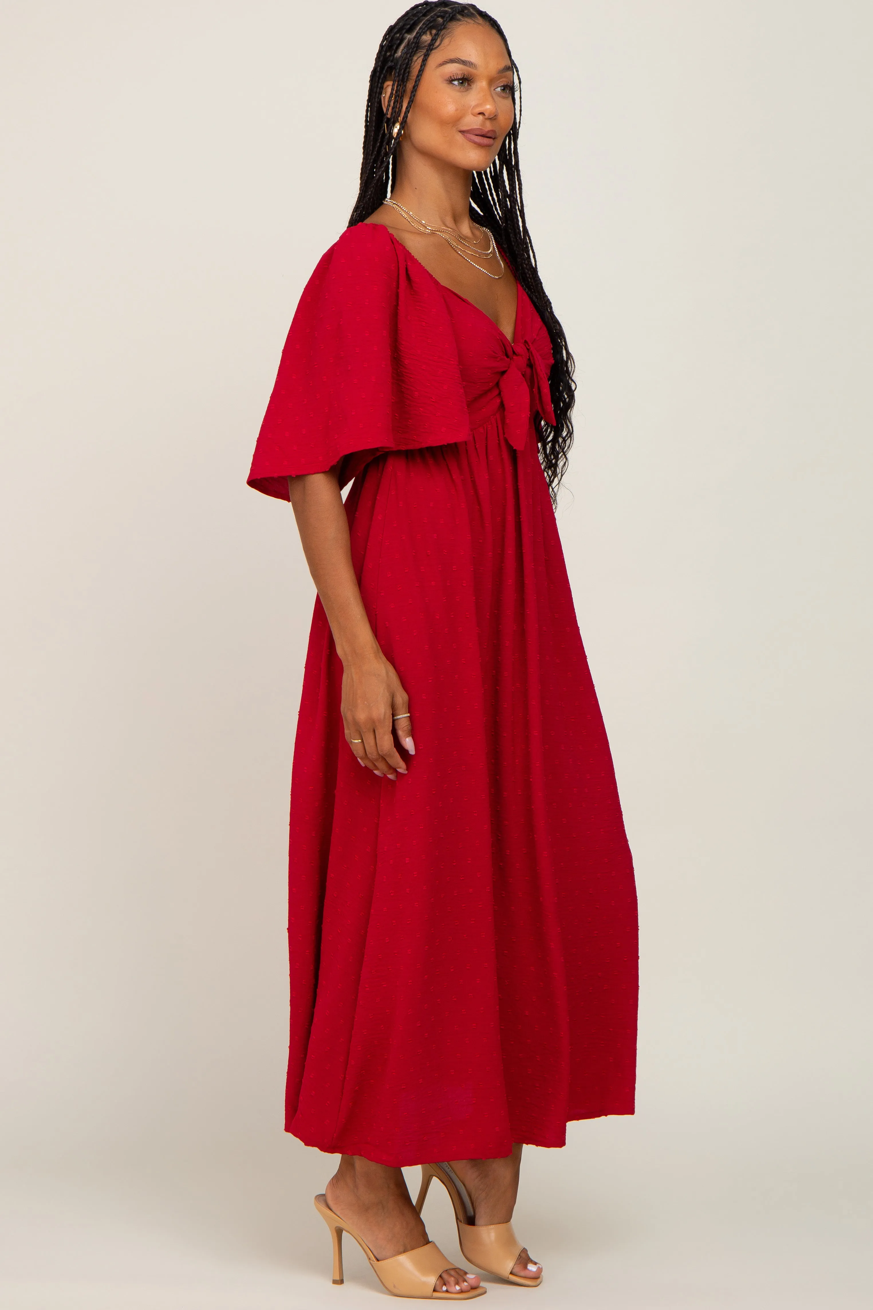 Burgundy Textured Dot Front Tie Ruffle Sleeve Midi Dress sold by Pinkblush product image thumbnail 2