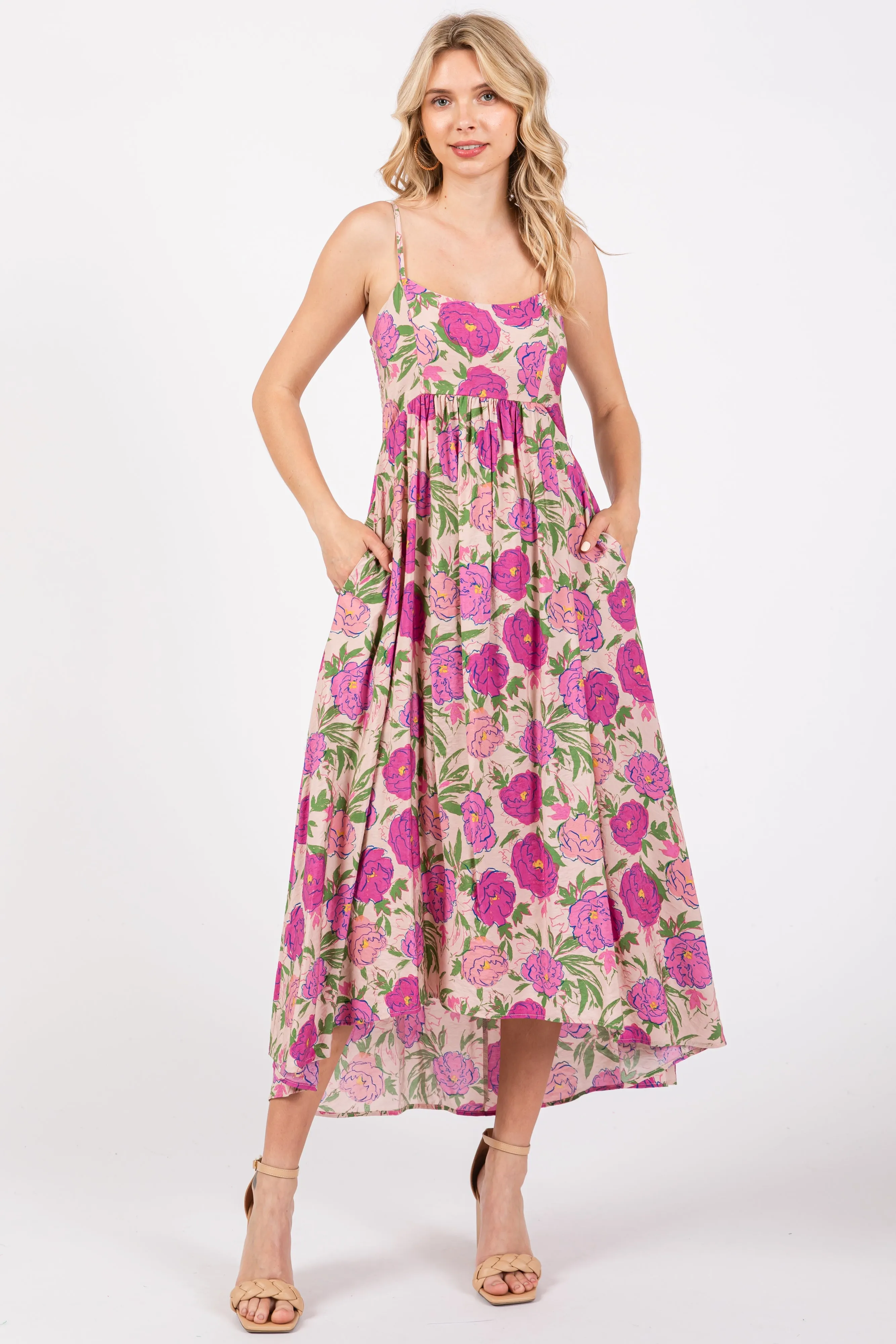 Pink Floral Hi-Lo Sleeveless Midi Dress sold by Pinkblush
