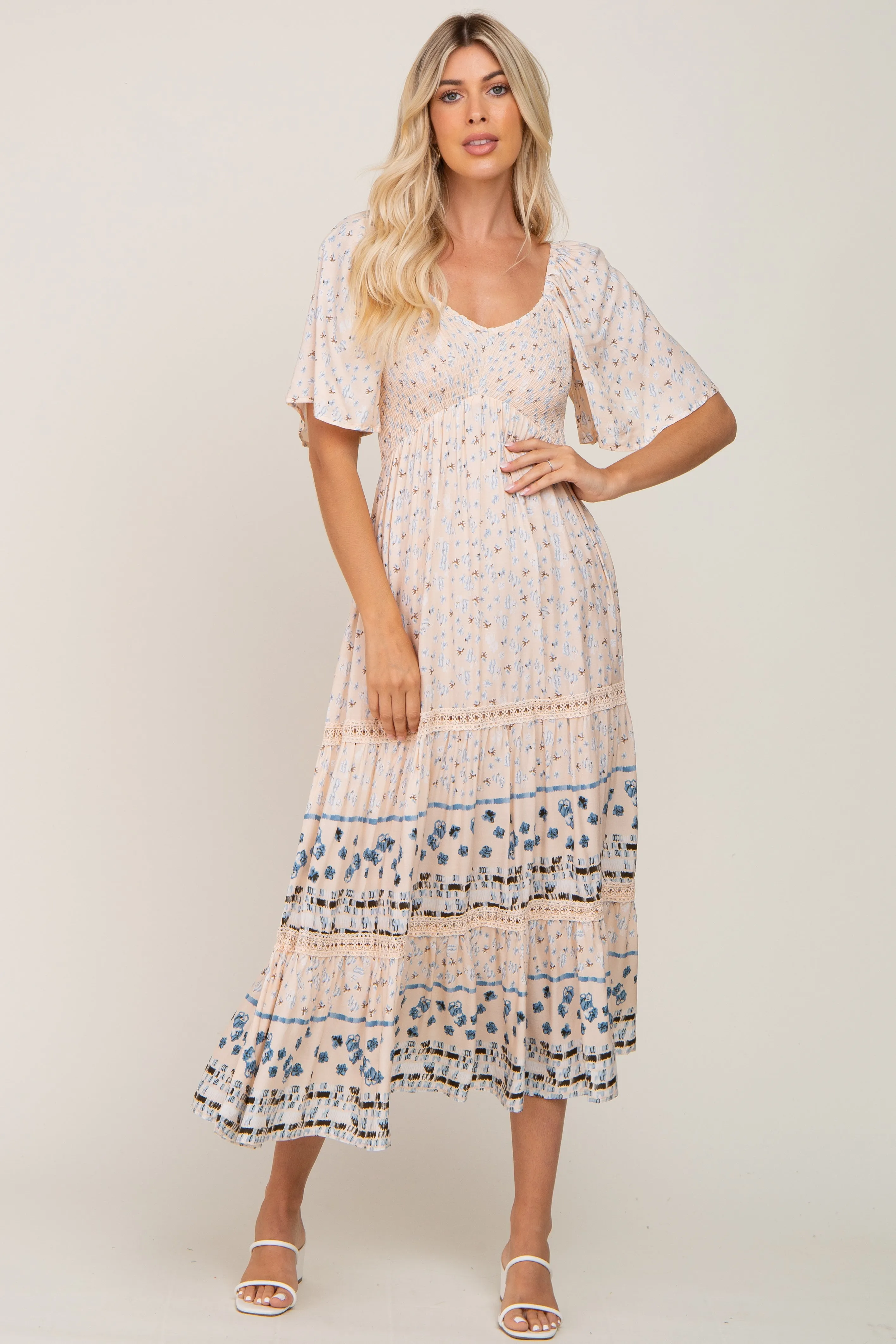 Light Pink Printed Smocked Maternity Midi Dress sold by Pinkblush product image thumbnail 4