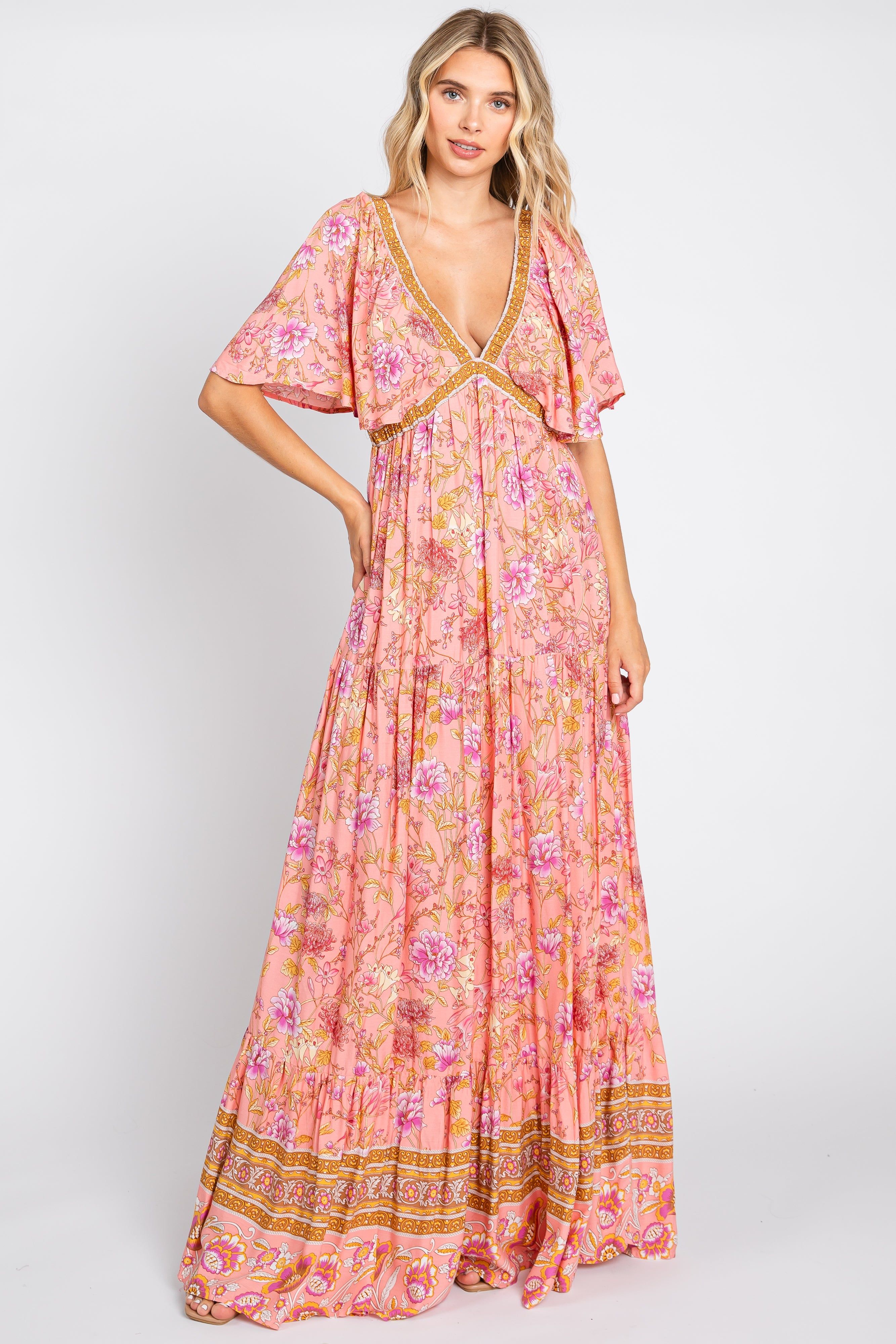 Pink Floral V-Neck Maxi Dress sold by Pinkblush