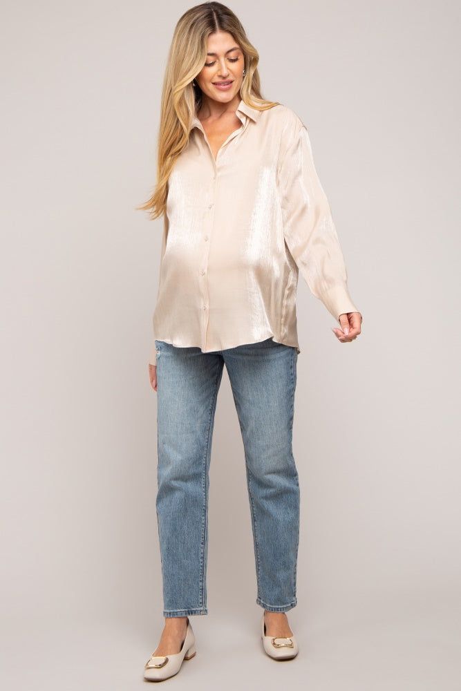 Beige Shimmer Satin Button Up Long Sleeve Maternity Blouse sold by Pinkblush product image thumbnail 5