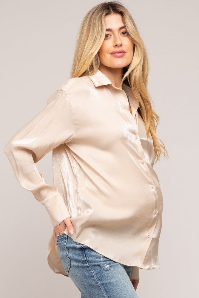 Beige Shimmer Satin Button Up Long Sleeve Maternity Blouse sold by Pinkblush product image thumbnail 2